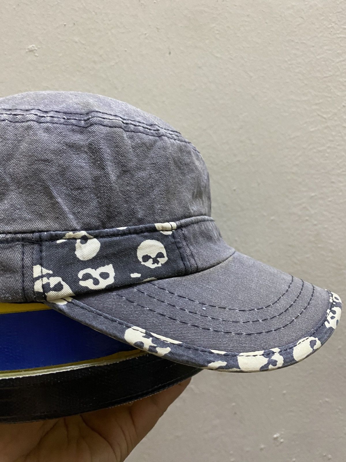 If Six Was Nine Y2K Sun Faded Grey Military Cadet Cap with Skull Print Trim Size ONE SIZE - 3 Thumbnail
