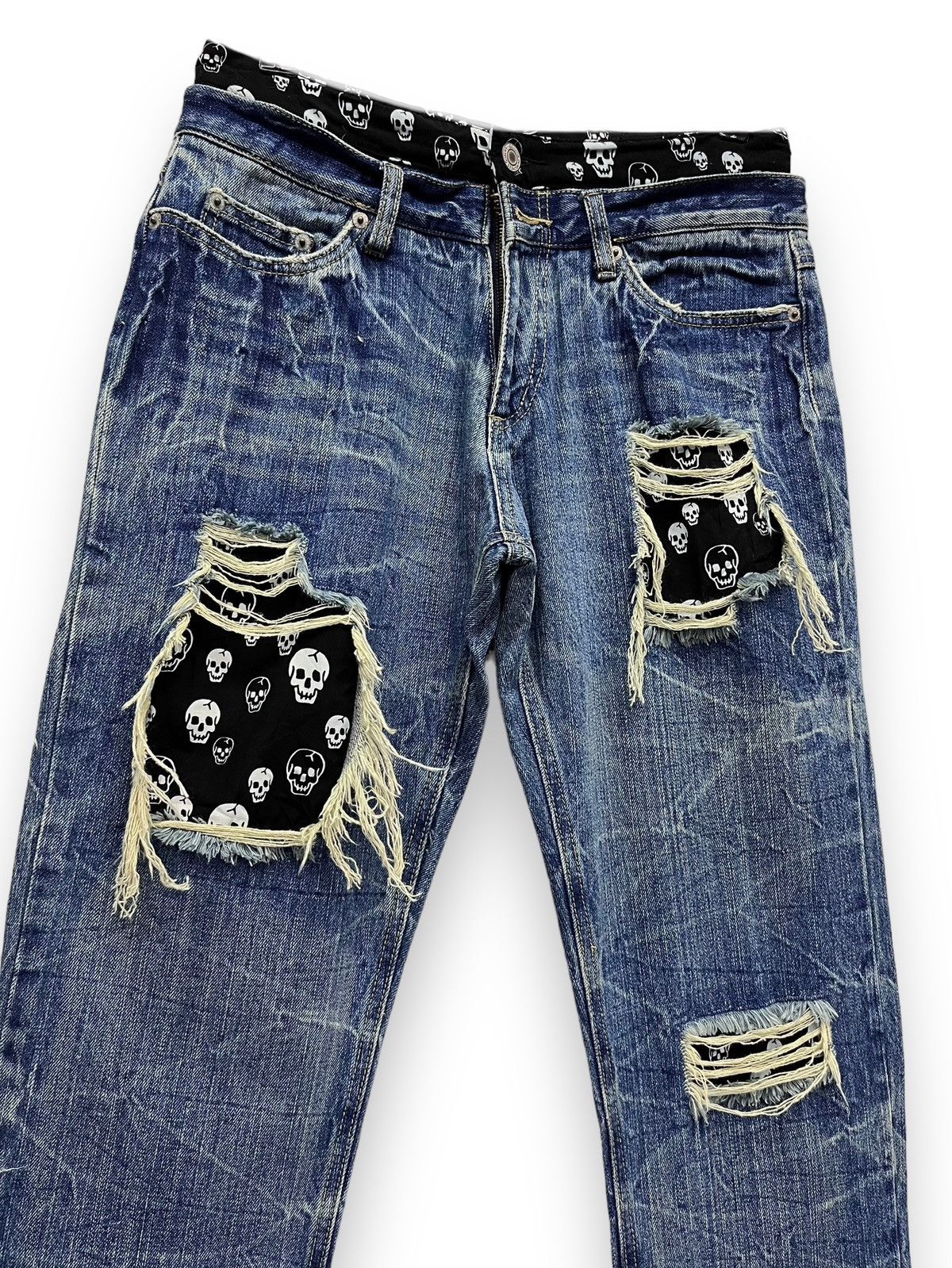 image of Playchess Skulls Grunge Double Waist Distressed Denim in Blue, Men's (Size 29)