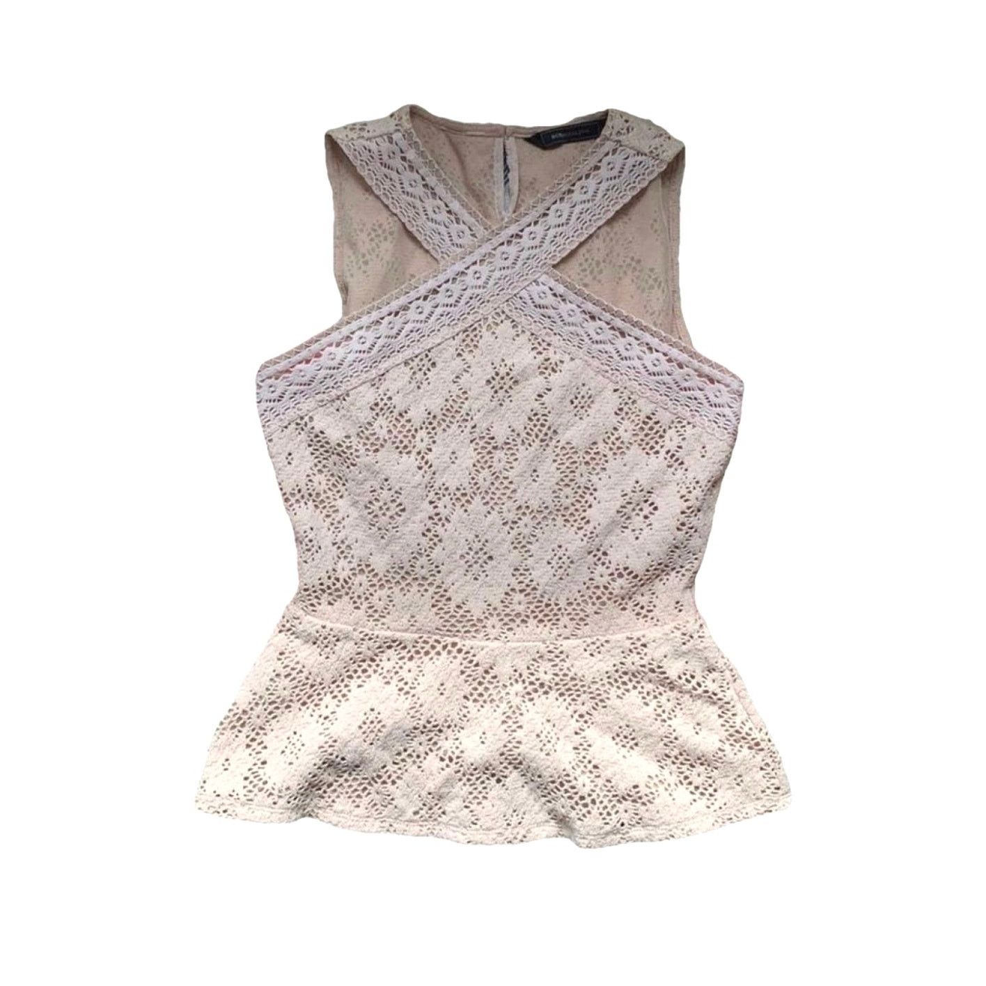 BCBG MaxAzria Blush Rose Pink retailer Crochet Lace X Strap Peplum Tank Top Blouse XS