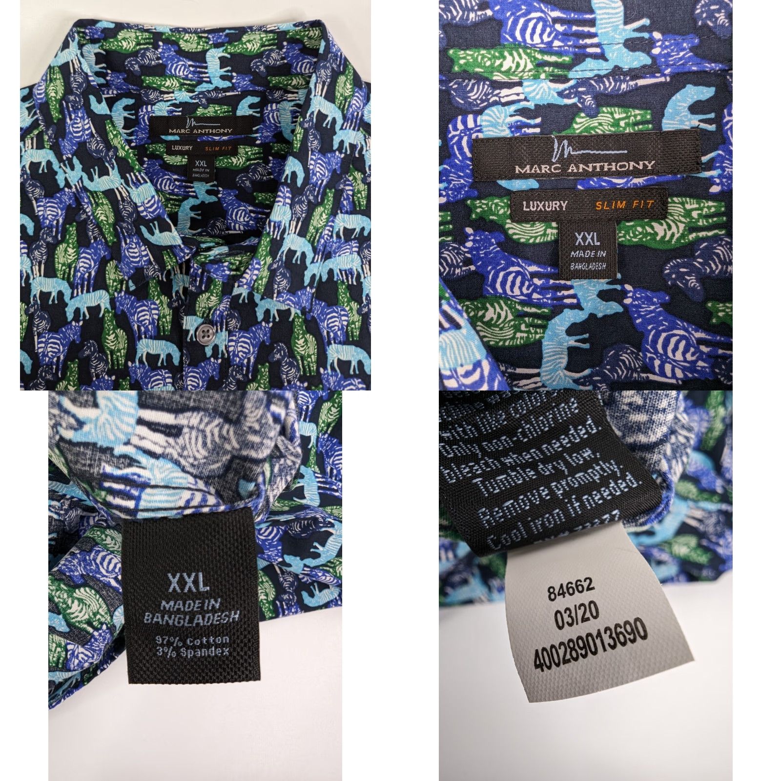Marcs VINTAGE Marc Anthony Blue Zebra Print Luxury Slim Fit Short Sleeve Button Shirt Mens 2XL Size US XXL / EU 58 / 5 - 8 Thumbnail