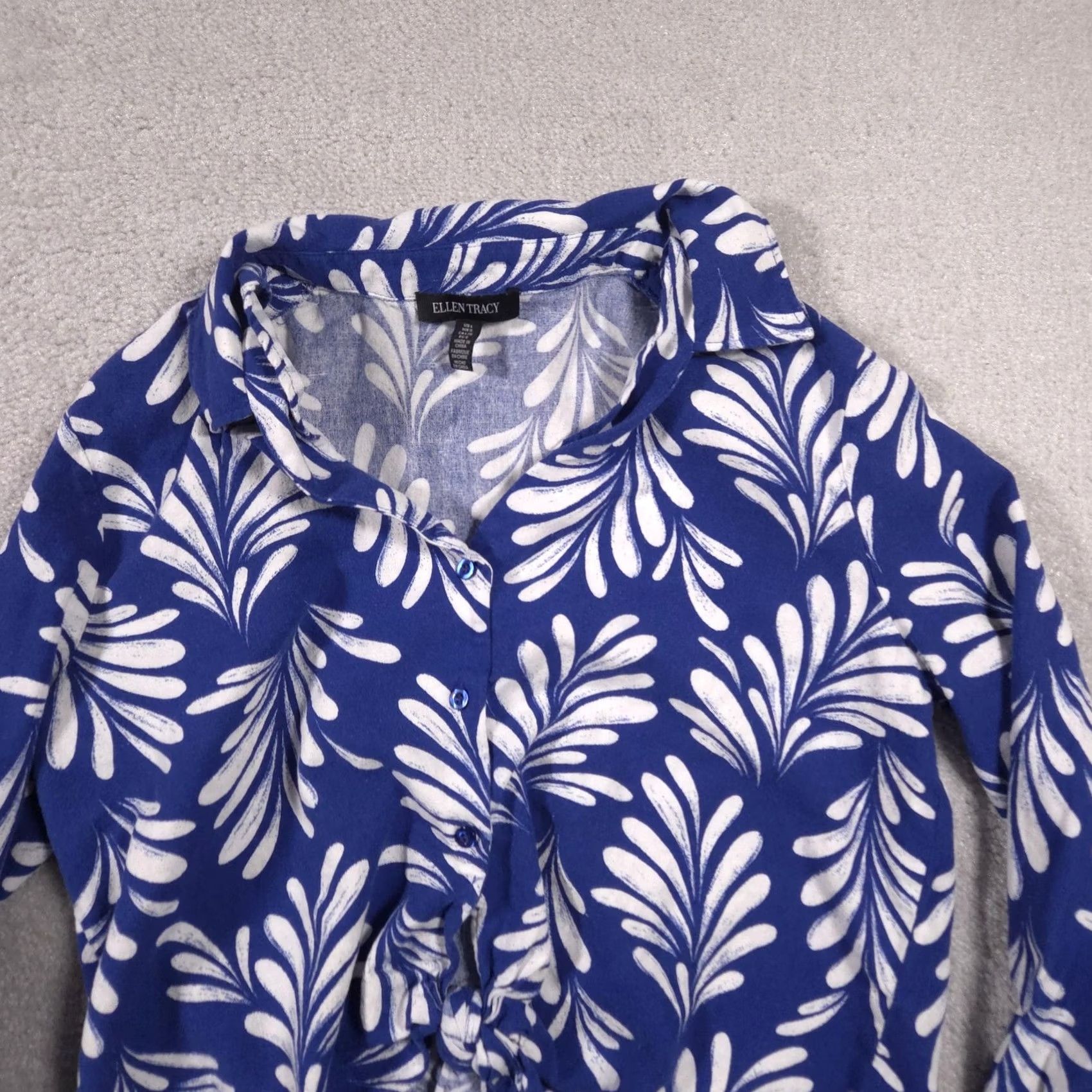 Ellen Tracy Ellen Tracy Blouse Womens Large Blue White Leaf Print Tie Front Linen Top Size L / US 10 / IT 46 - 3 Thumbnail