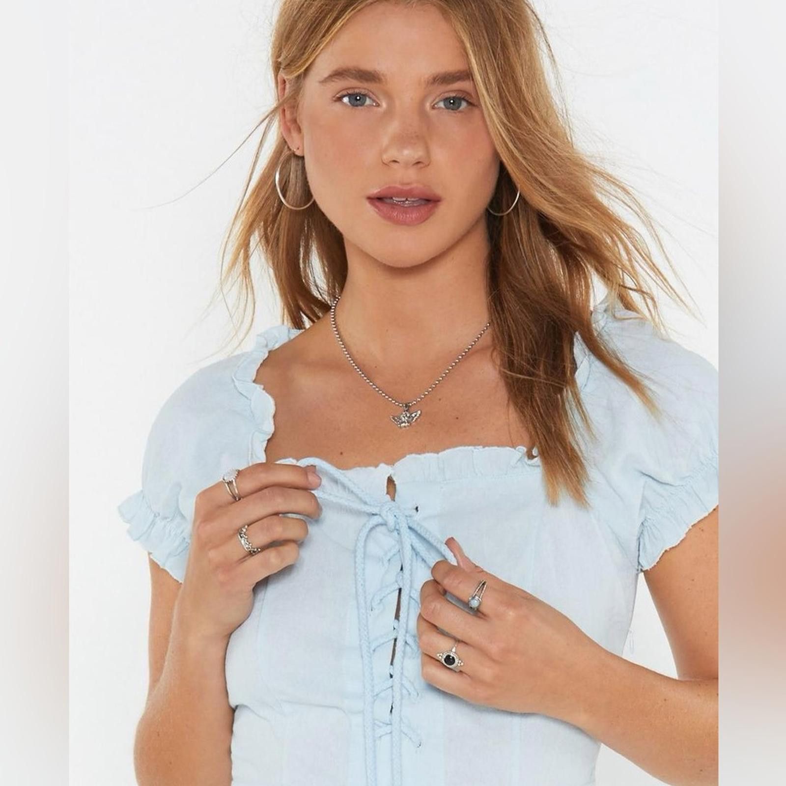 Designer NWT Nasty Gal Light Blue Linen Lace Up Mini Dress- Size 8 Size M / US 6-8 / IT 42-44 - 5 Thumbnail