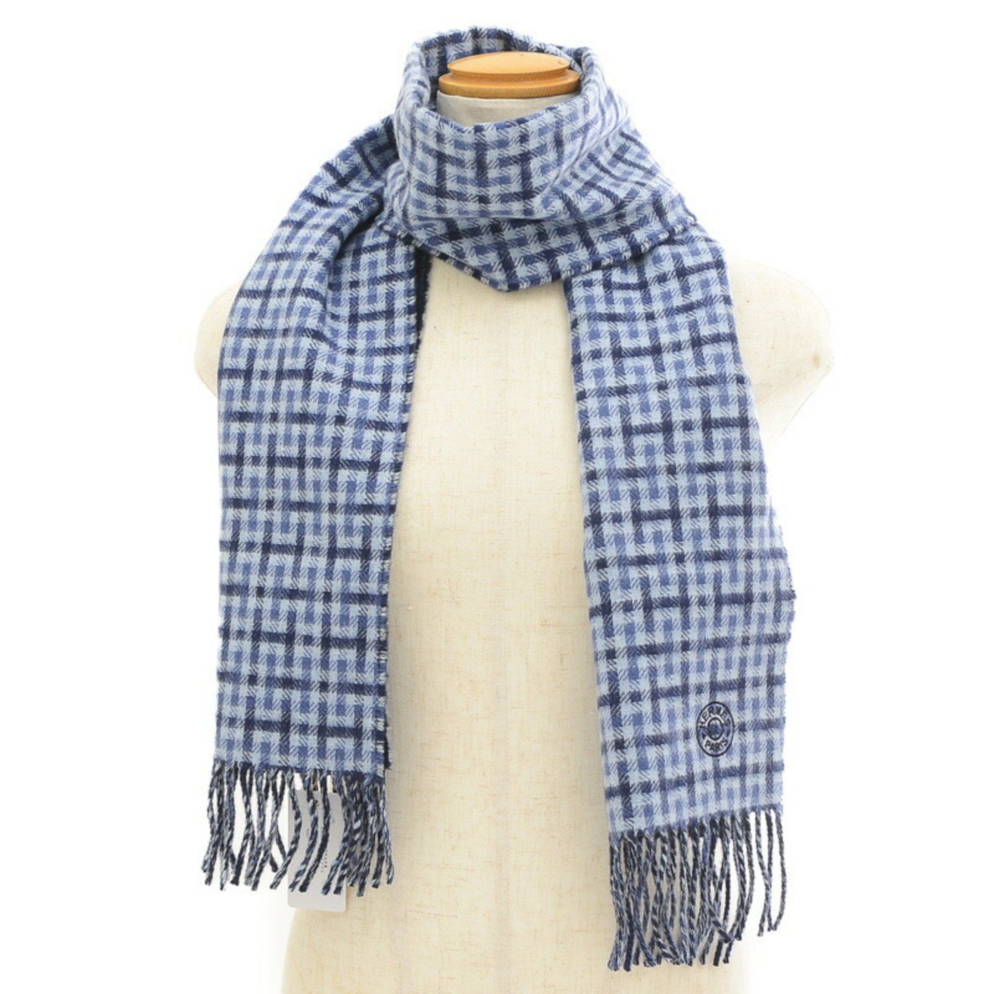 image of Hermes H Ecose Recto Verso Scarf Marine Blue 100% Cashmere 25X150, Women's