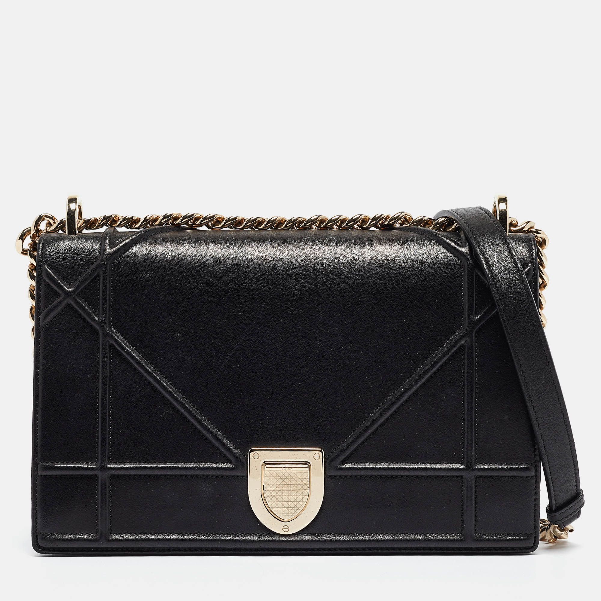 image of Dior Black Leather Medium Ama Flap Shoulder Bag, Women's