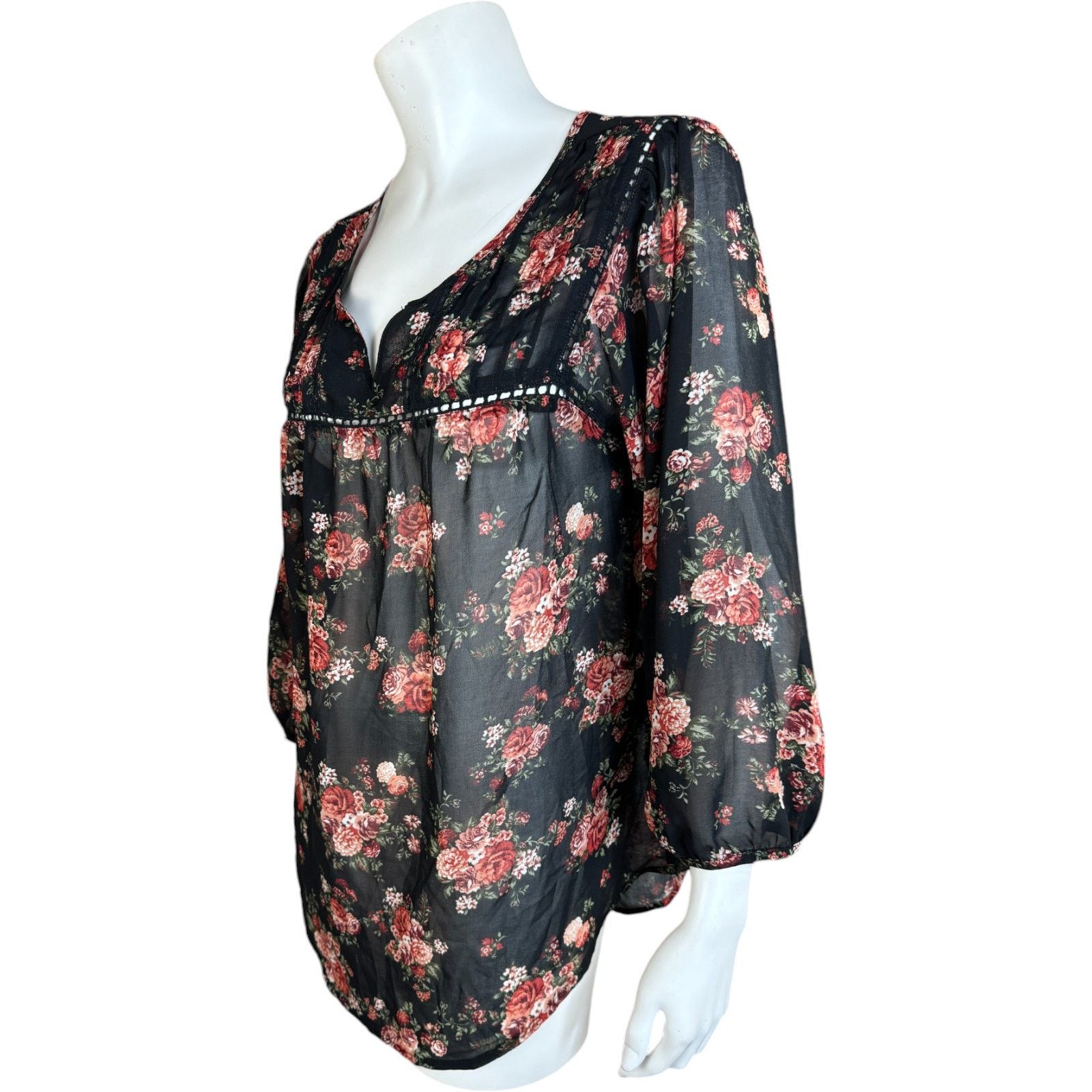 Other Mine Women Large Black Floral Sheer 3/4 Length Sleeve Blouse Size L / US 10 / IT 46 - 9 Thumbnail