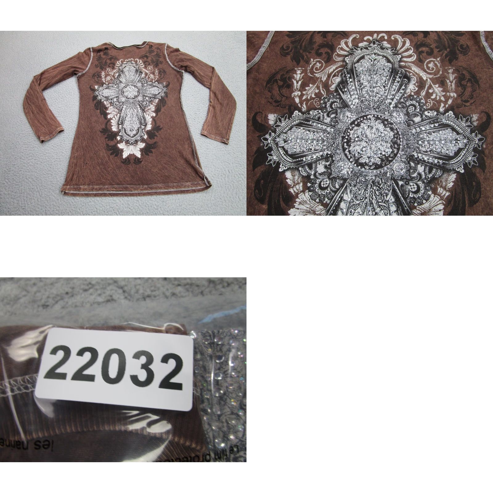 Vintage Vocal Shirt Womens L Brown Rhinestone Cross V-neck Made USA y2k Mall Cyber goth Shirt Woman Long Sleeve Tunic Size L / US 10 / IT 46 - 9 Thumbnail