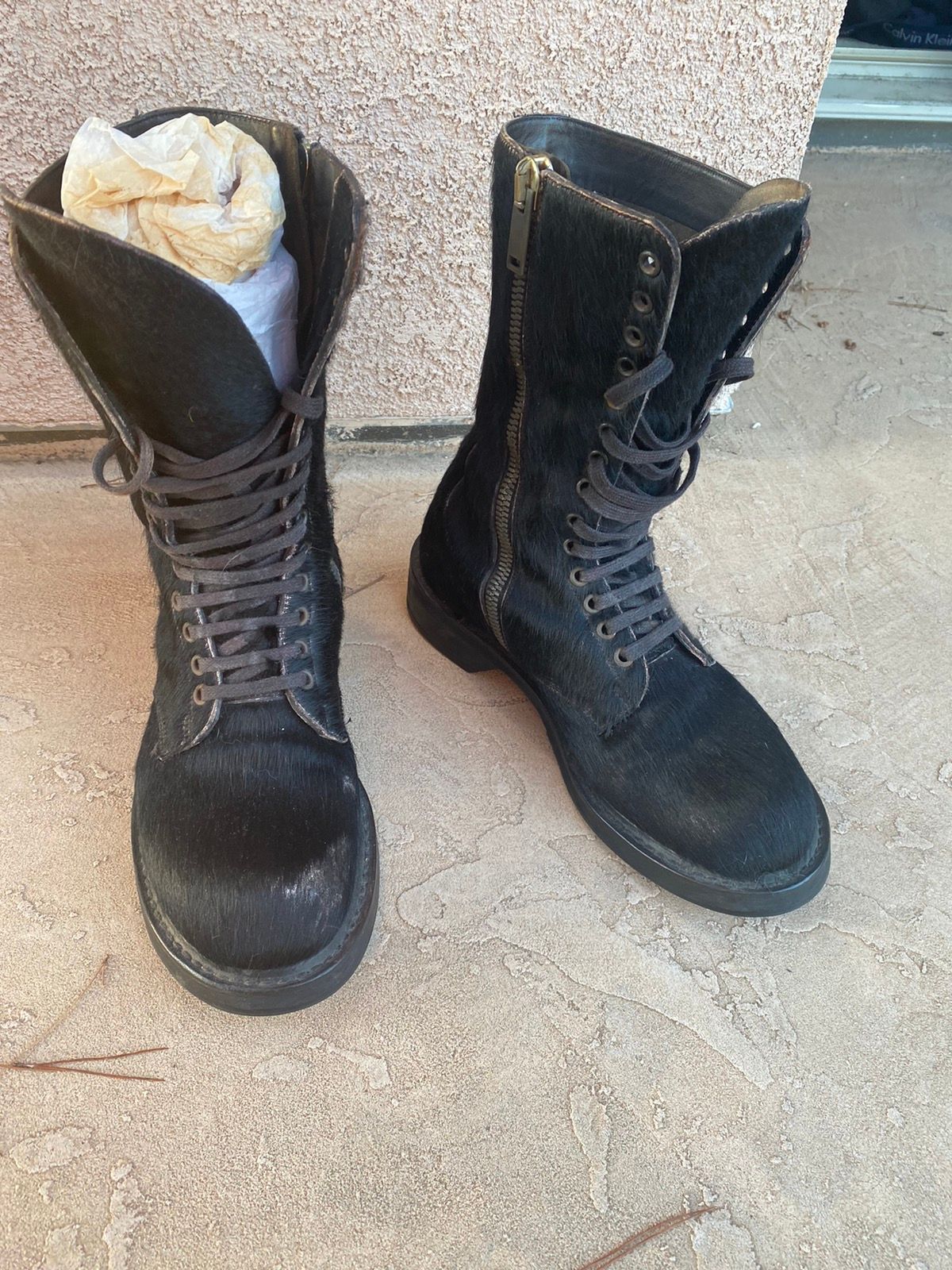 Rick Owens Rick Owens fw13 plinth ponyhair combat boots | Grailed