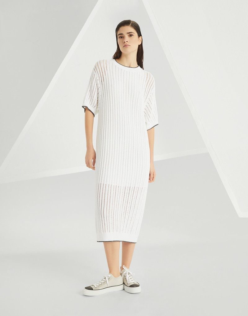 Brunello Cucinelli o1la1rc1a0326 Cotton Openwork Rib Knit Dress in White Size M / US 6-8 / IT 42-44 - 1 Thumbnail