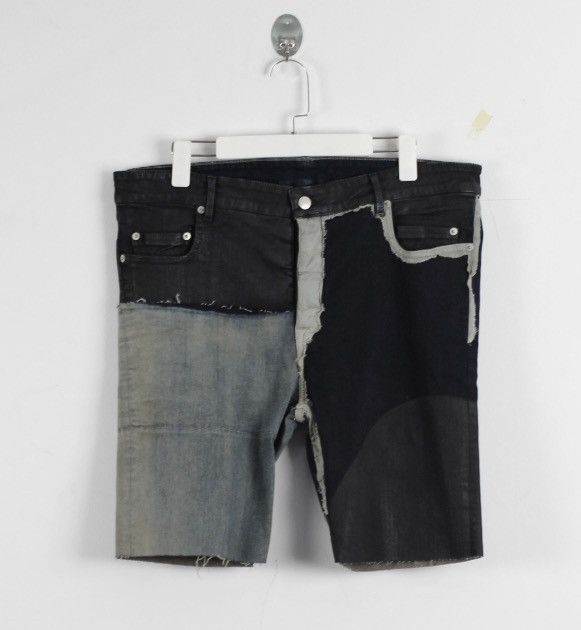 image of Rick Owens Patchwork Brushed Wax Denim Shorts in Black, Men's (Size 35)