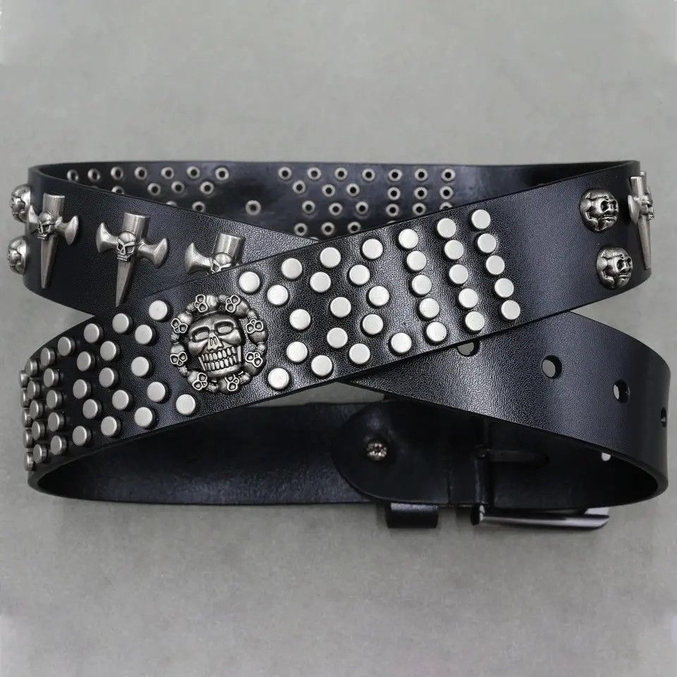 Leather Studded Skull Punk Rock Split Leather Belt Size ONE SIZE - 2 Thumbnail