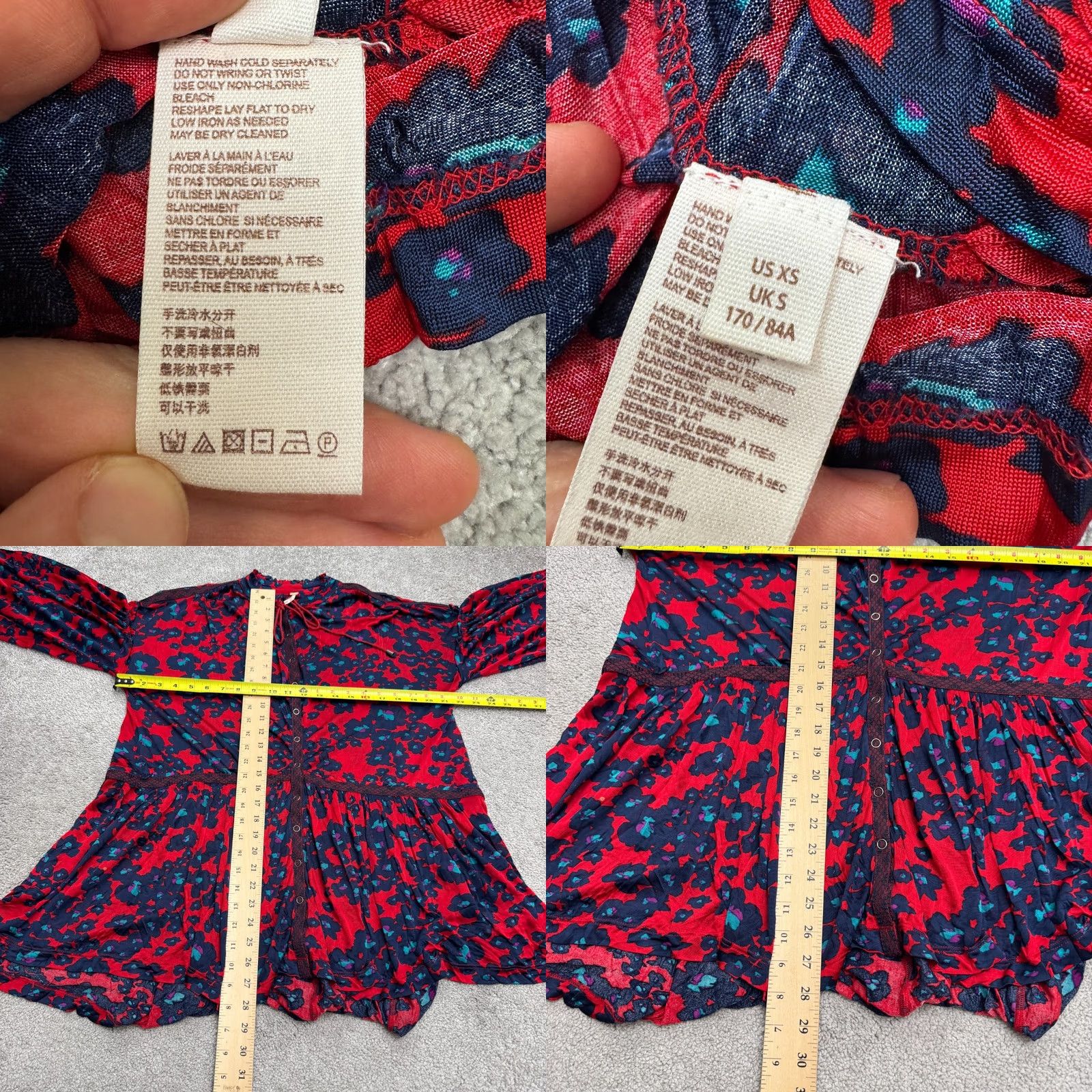 Free People Free People Floral Mini Dress Womens XS Navy Red Button Front Long Sleeve Boho Size XS / US 0-2 / IT 36-38 - 8 Thumbnail