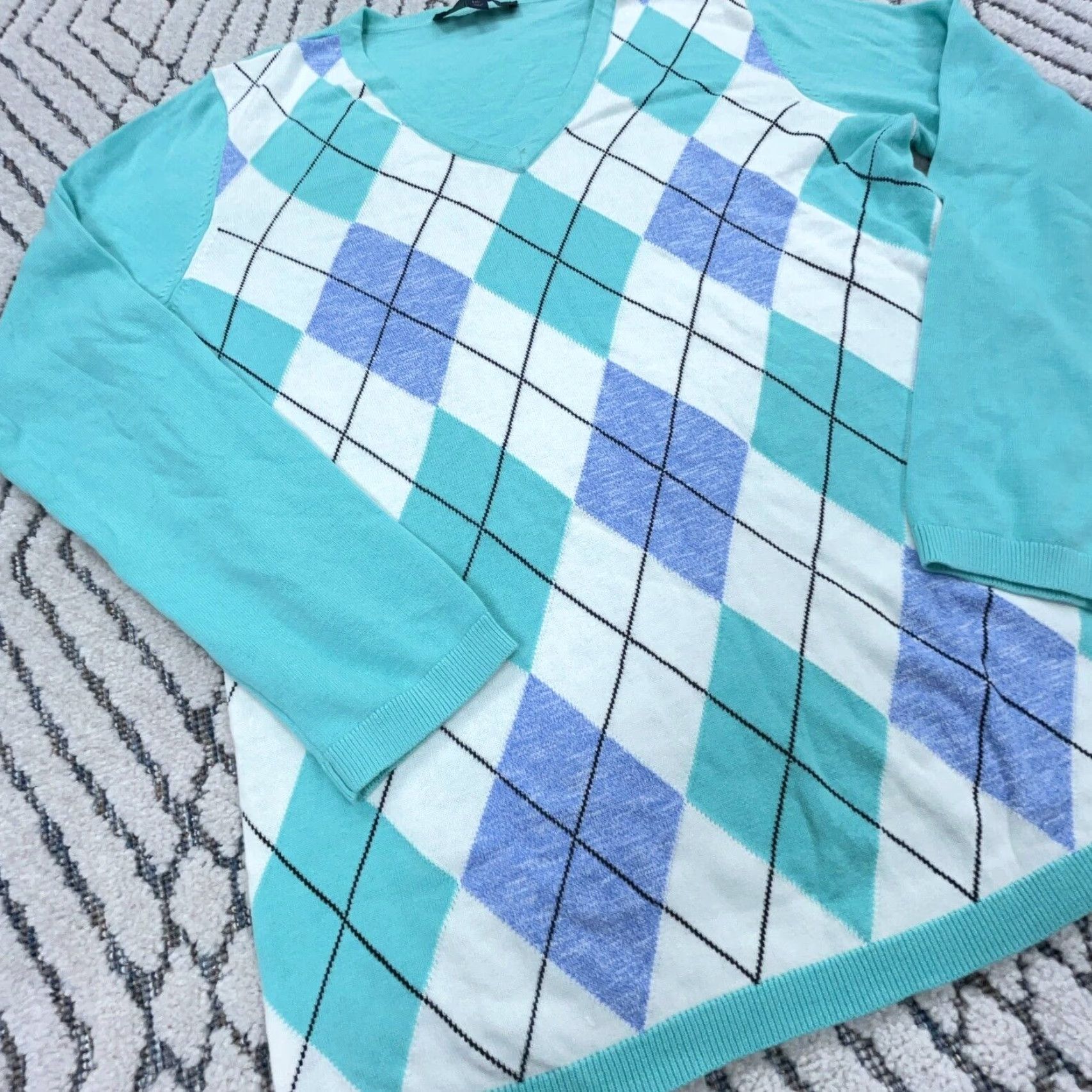 Tommy Hilfiger Tommy Hilfiger Sweater Women L Blue Teal V-Neck Knit Pullover Argyle Embroidered Logo Womens Size L / US 10 / IT 46 - 5 Thumbnail