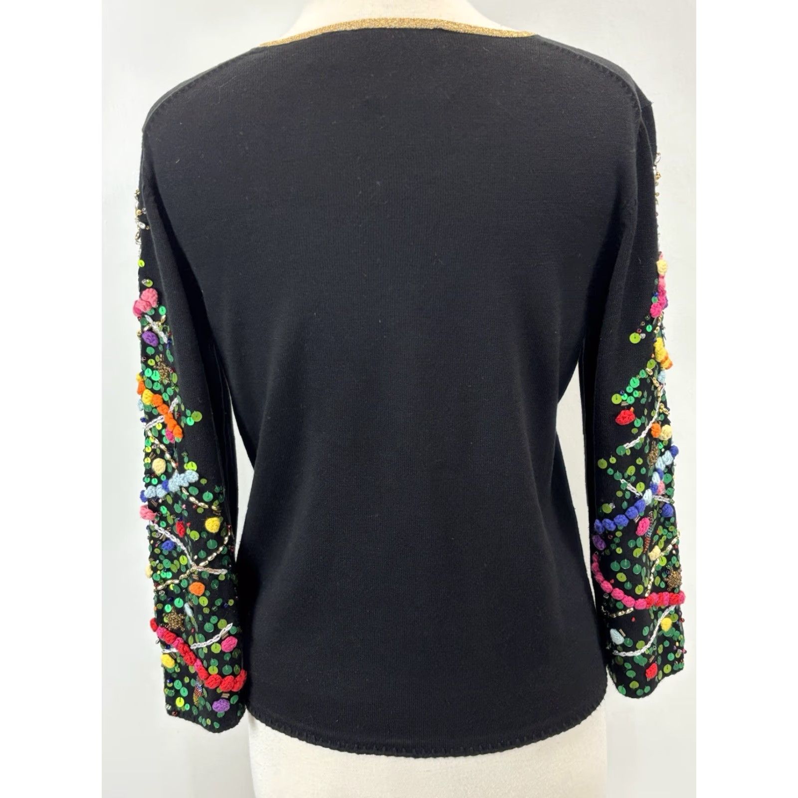 Simons VINTAGE Michael Simon Christmas Tree Sweater Women’s Medium Black Beaded Poms Pullover Size M / US 6-8 / IT 42-44 - 3 Thumbnail