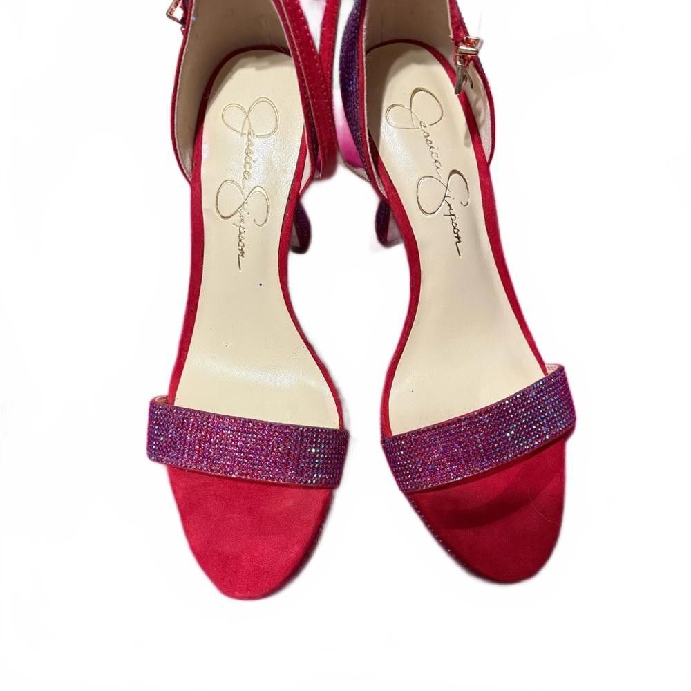 Designer Glamorous Jessica Simpson Red Heels with Rhinestones Size US 8.5 / IT 38.5 - 3 Thumbnail