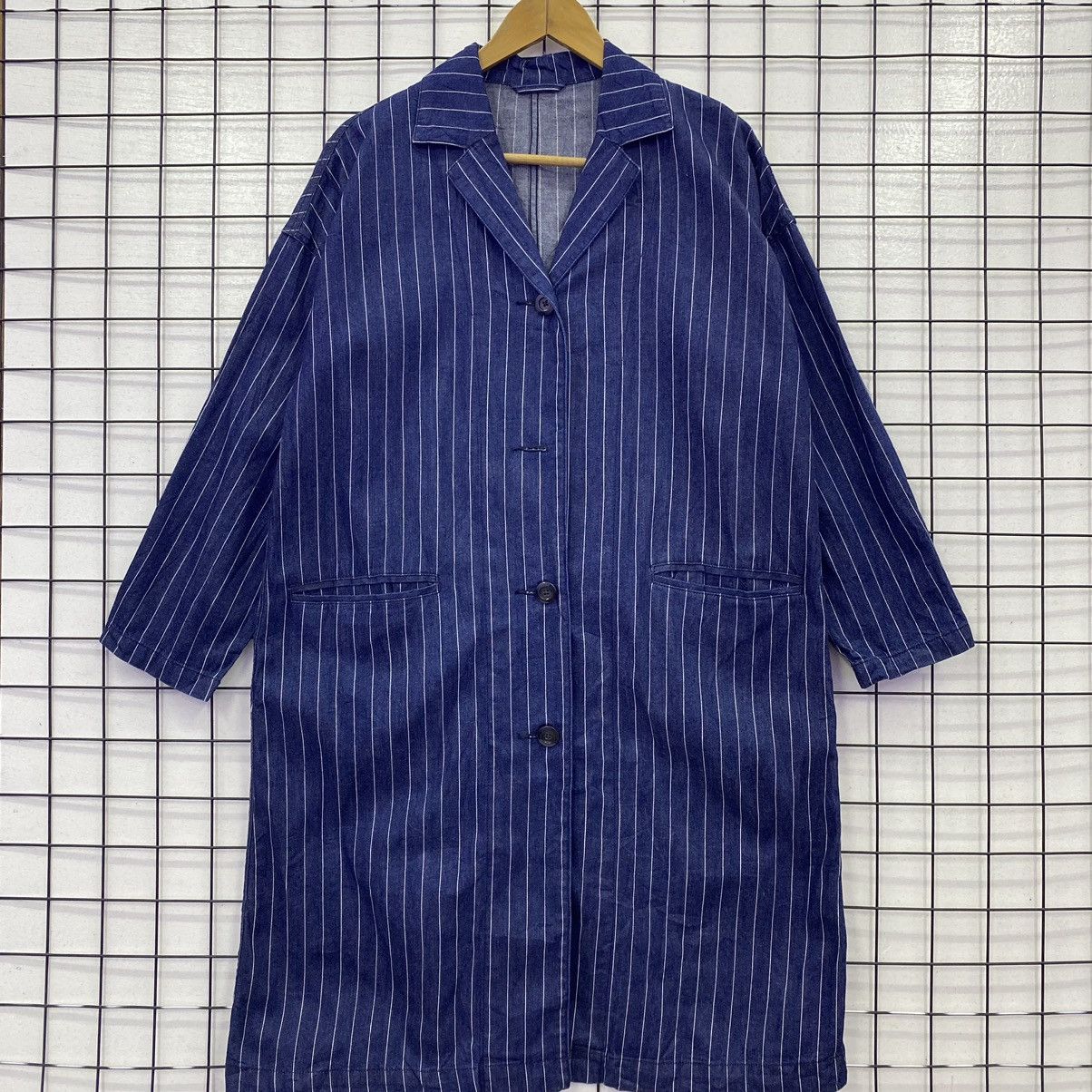 image of Gu Blue Denim Long Coat, Men's (Size Large)