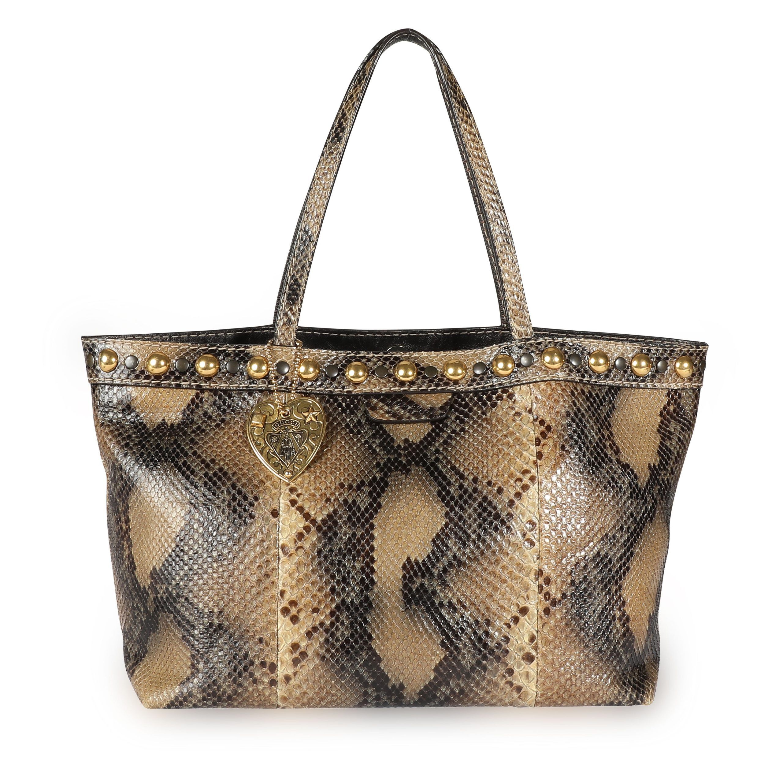 image of Gucci Brown Studded Python Babouska Tote, Women's