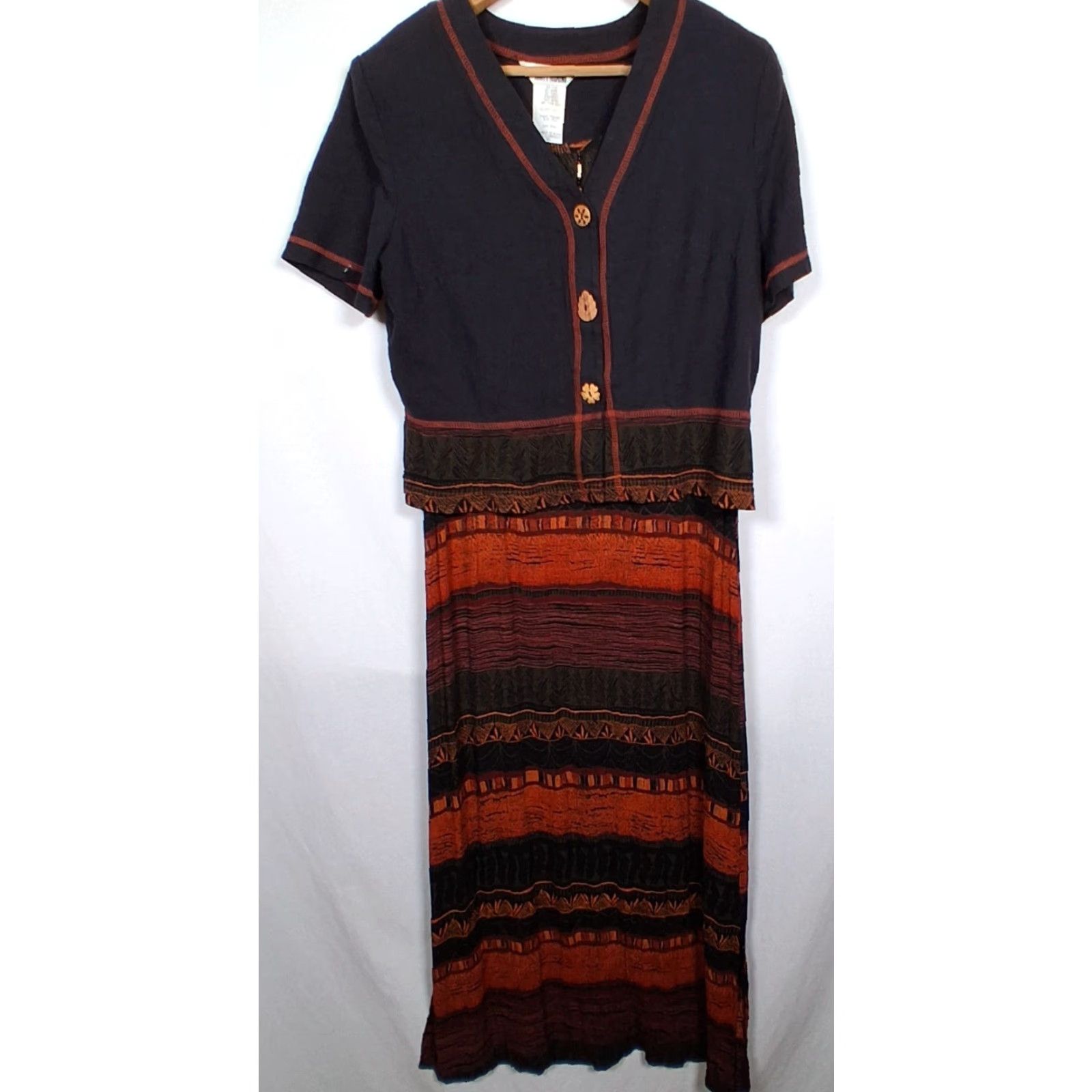 Vintage VINTAGE Nina Piccalino Dress Set Long Beaded Crinkle Rayon Top Maxi Dress 1990s 53" Bumps Beige/Black 10 Womens Size L / US 10 / IT 46 - 2 Thumbnail