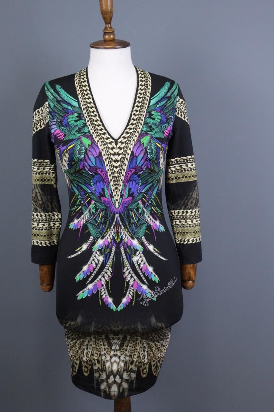 Just Cavalli Just Cavalli Black V-Neck Art Animals Knee Dress Size 40 Size M / US 6-8 / IT 42-44 - 1 Thumbnail