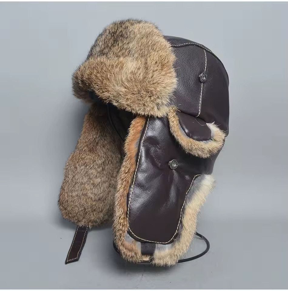 Genuine Leather Genuine Natural Rabbit Fur Leather Trapper Winter Hat Size ONE SIZE - 2 Thumbnail