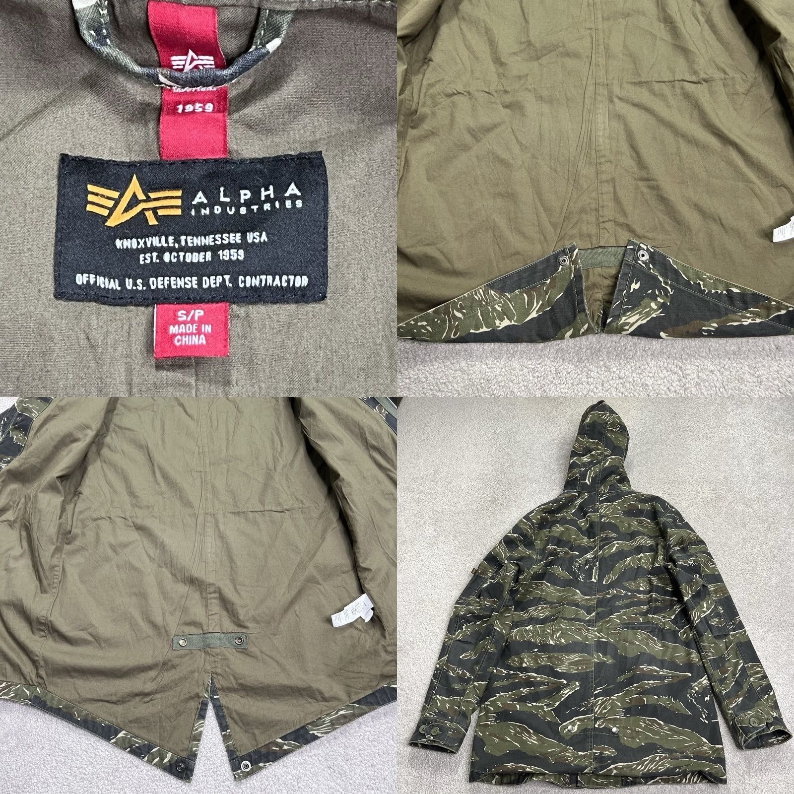 Alpha Industries VINTAGE? No — Alpha Industries Jacket Mens Small Camo Hooded Field Coat Tiger Stripe Zip Green Jacket Size US S / EU 44-46 / 1 - 8 Thumbnail