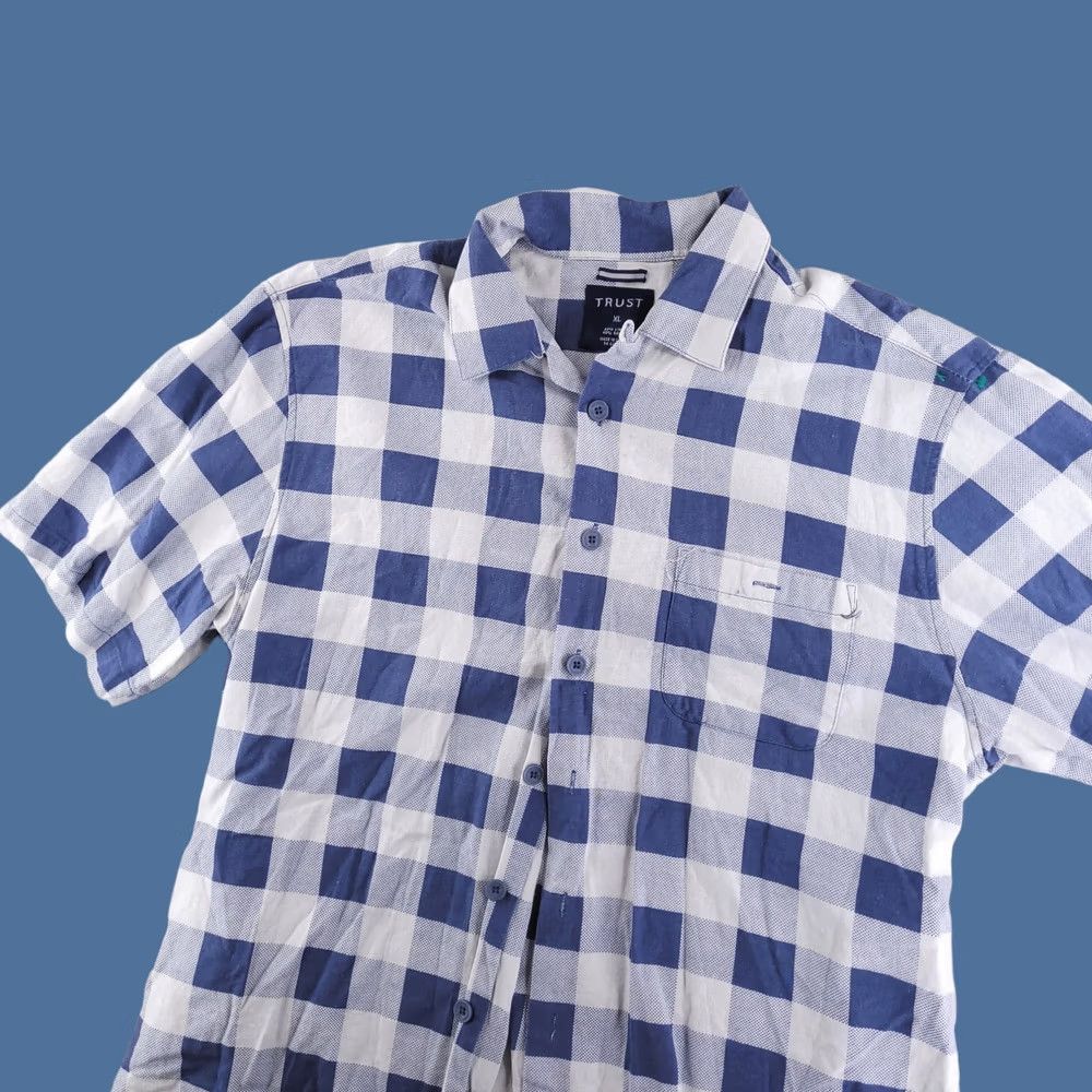 Vintage Trust Shirt XL Blue Linen Short Sleeve Button Windowpane Check Mens Size US XL / EU 56 / 4 - 1 Thumbnail