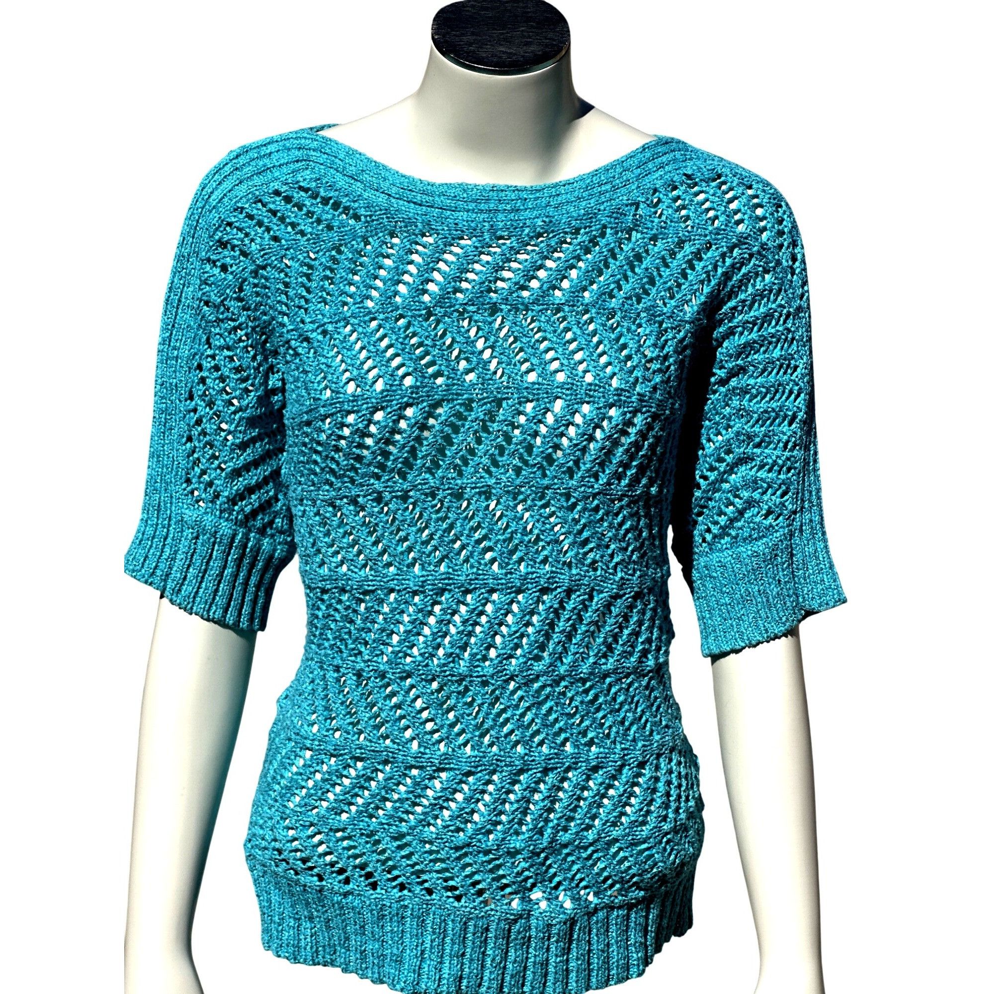 Chicos Chicos Halo Open Knit Riviera Pullover Aqua Blue Short Sleev Size L / US 10 / IT 46 - 1 Thumbnail