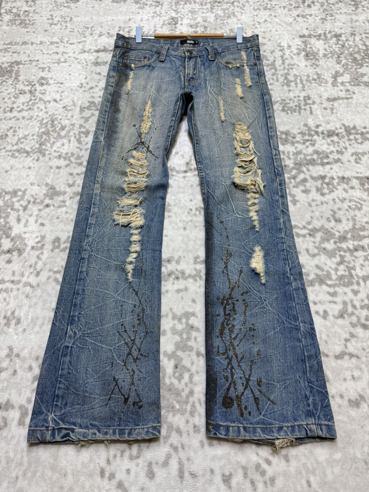 If Six Was Nine 2000s Glad News Japanese Grunge Paint Splatter Bootcut Denim Size US 32 / EU 48 - 1 Thumbnail