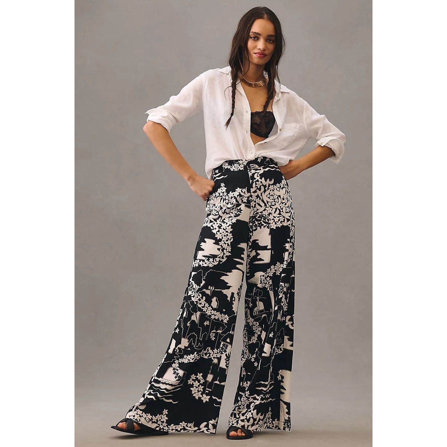 Anthropologie New Tiny Anne Printed Wide-Leg Pants $160 SIZE 2 Black Motif Size 26" / US 2 / IT 38 - 1 Thumbnail