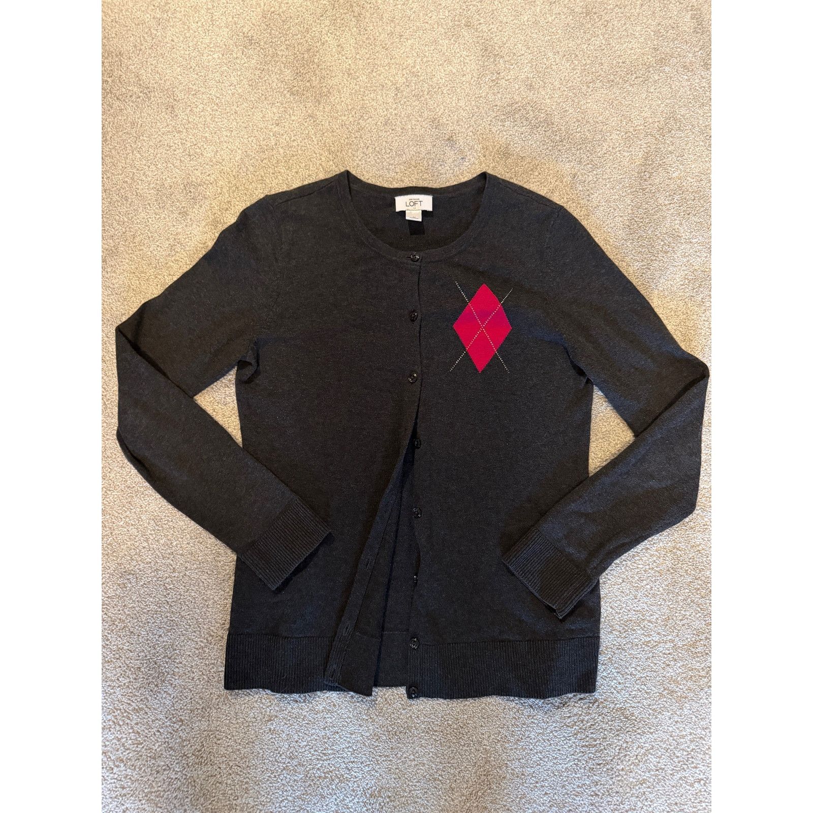 Loft Loft Modern Cardigan in Dark Gray with Argyle Pink, Size M Size M / US 6-8 / IT 42-44 - 5 Thumbnail