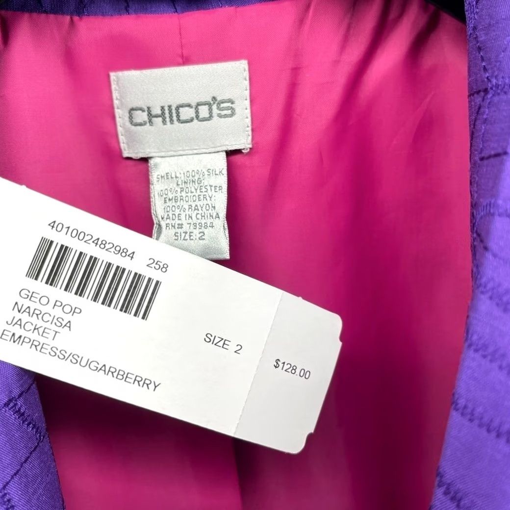 Vintage Chicos Silk Jacket Mens 2 Medium Purple Embroidered Lined Size M / US 6-8 / IT 42-44 - 4 Thumbnail
