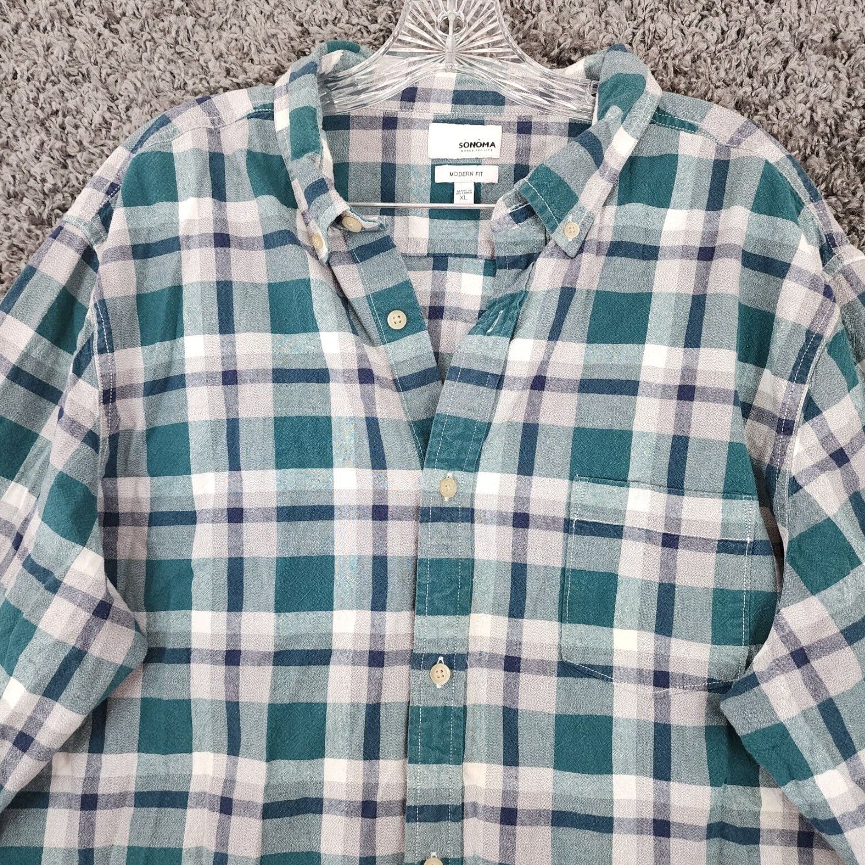 Vintage Sonoma Mens Modern Fit Plaid Button Up Long Sleeve Green Gray XL Size US XL / EU 56 / 4 - 3 Thumbnail