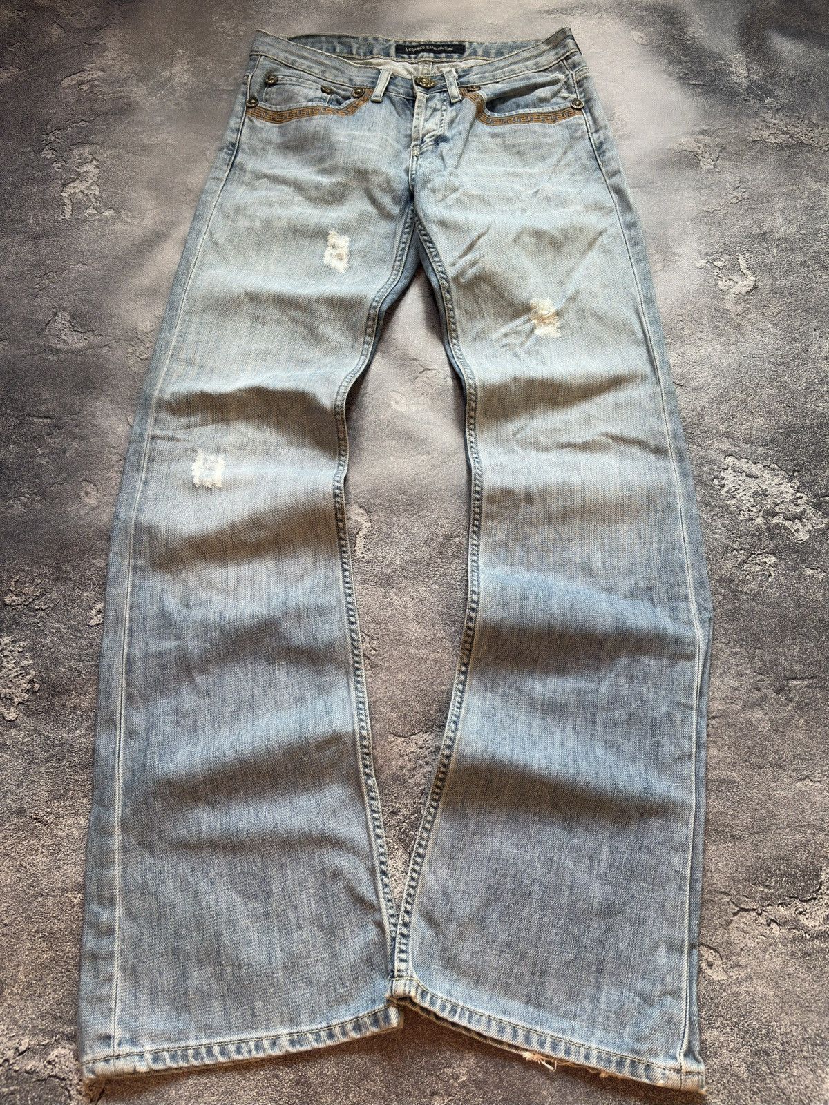 Versace Jeans Couture Vtg Versace Y2K Medusa Logo Distressed Bootcut Flared Jeans Size 29" - 2 Thumbnail