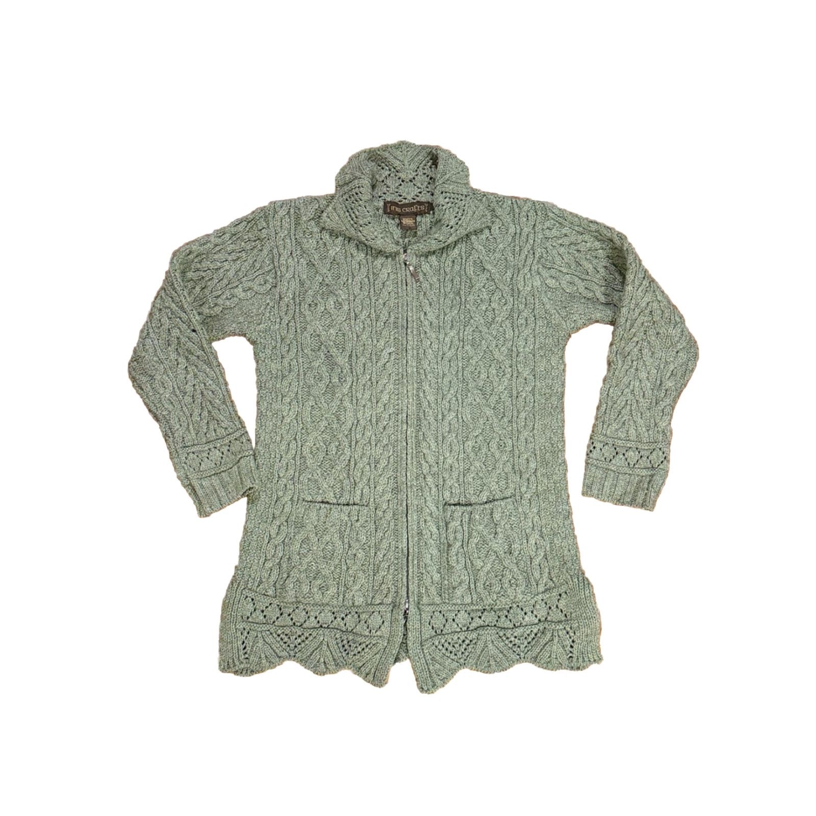 Vintage Inis Crafts Sweater Cable Knit 100% Wool Green Scallop Made In Ireland Medium Womens Mens? Size M / US 6-8 / IT 42-44 - 3 Thumbnail