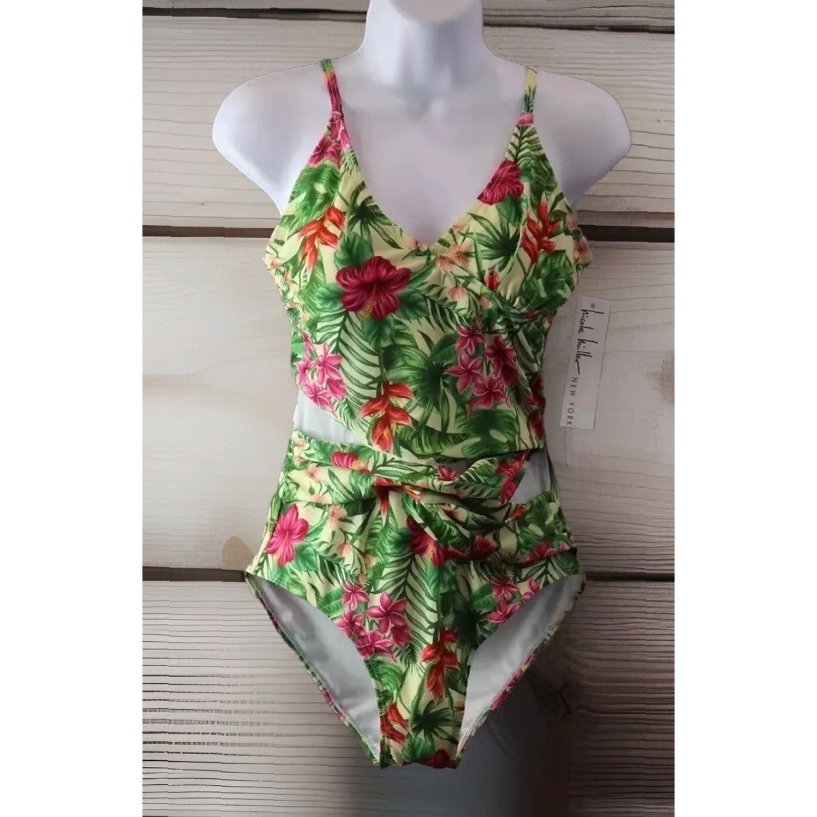 Nicole Miller NWT Nicole Miller One Piece Swimsuit Floral Waist Cutout Women M Green Tropical Size ONE SIZE - 2 Thumbnail