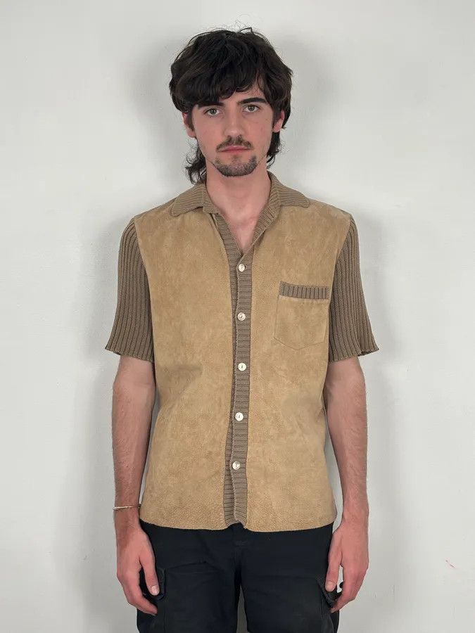 Dolce & Gabbana 1990s Dolce & Gabbana Beige Suede Ribbed Knit Hybrid Cardigan Shirt Size US M / EU 48-50 / 2 - 2 Thumbnail