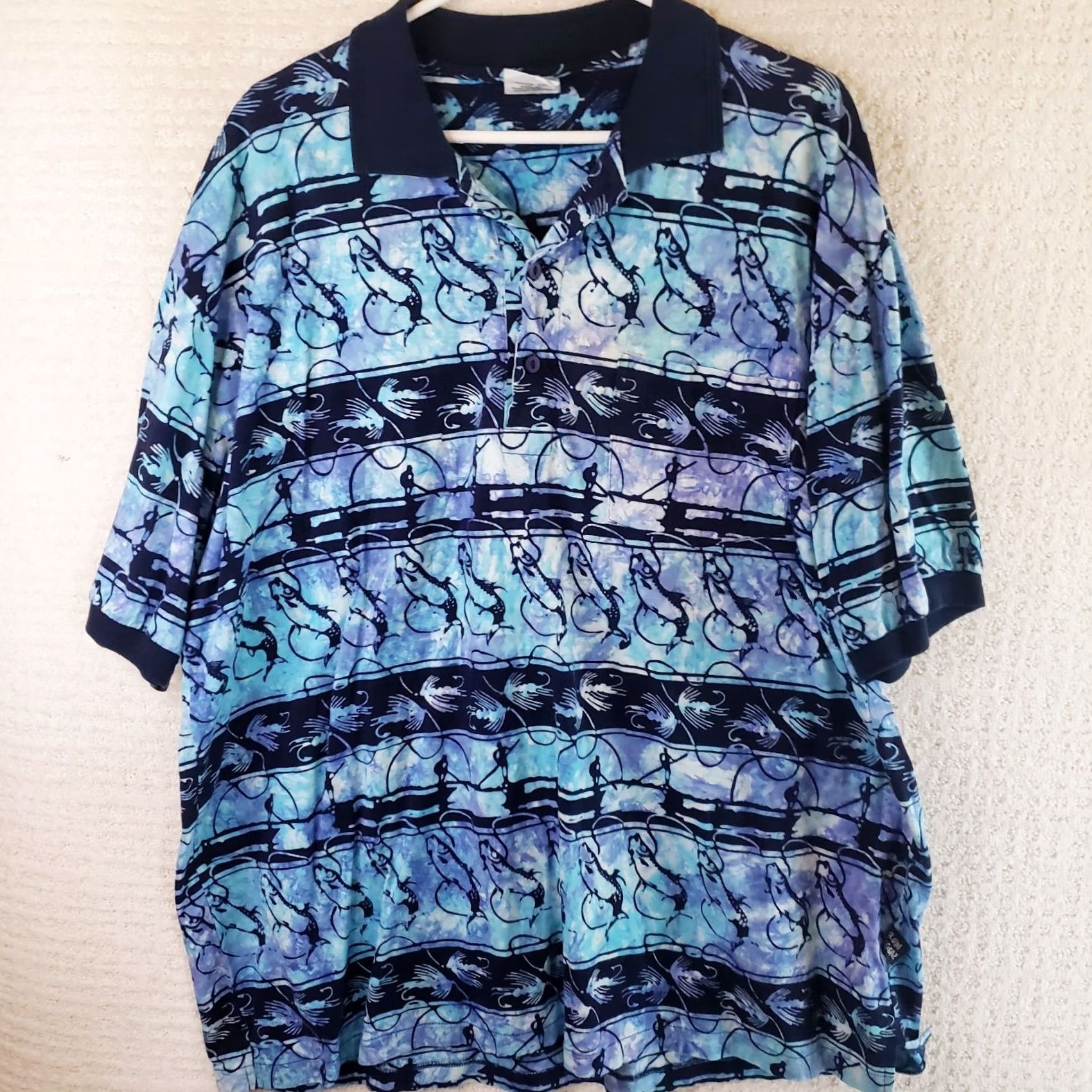 Vintage Rum Reggae Polo Shirt Mens XXL Short Sleeve Cotton Fly Fish Printed Blue Black Size US XXL / EU 58 / 5 - 2 Thumbnail