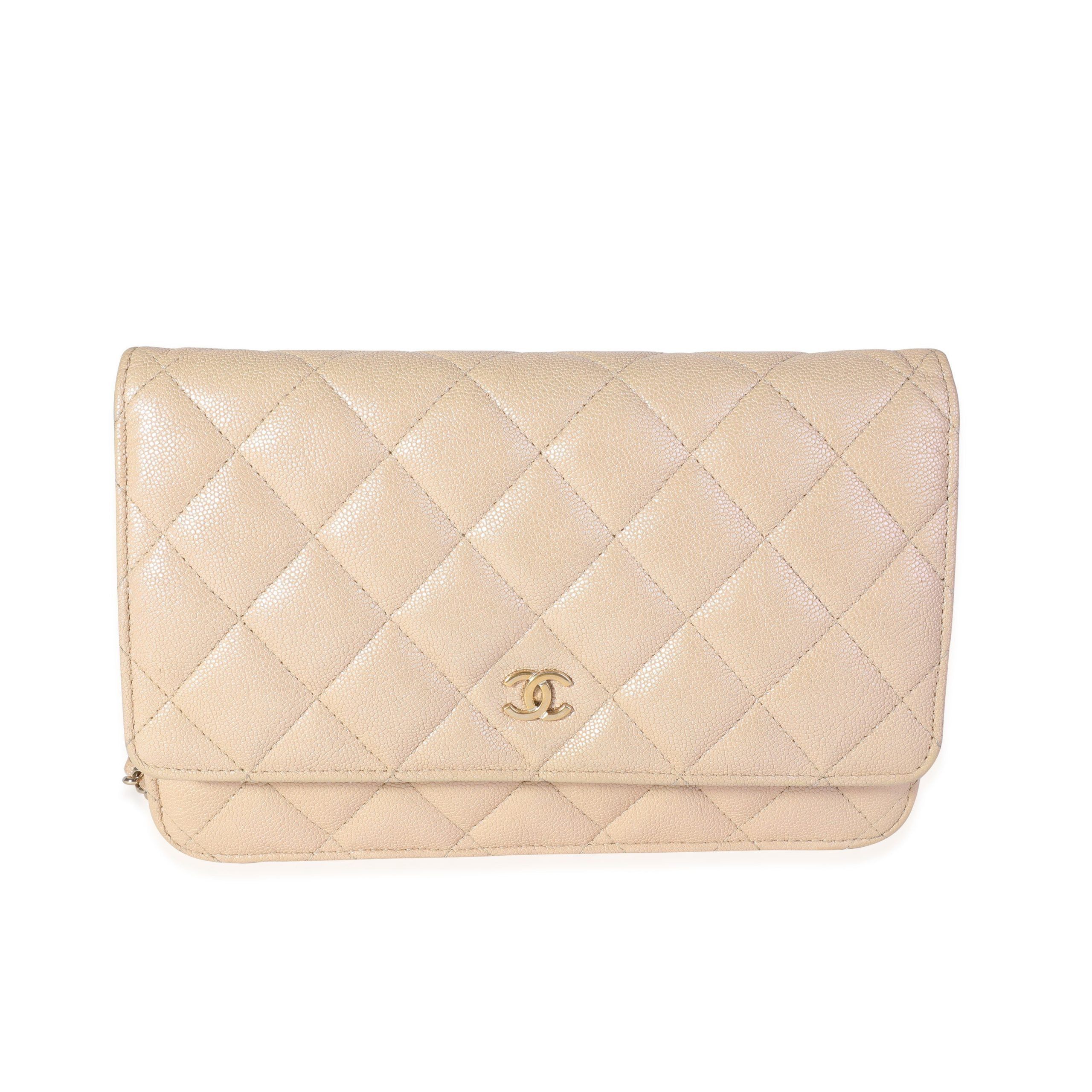 Chanel Metallic Beige Quilted Caviar Wallet on Chain
