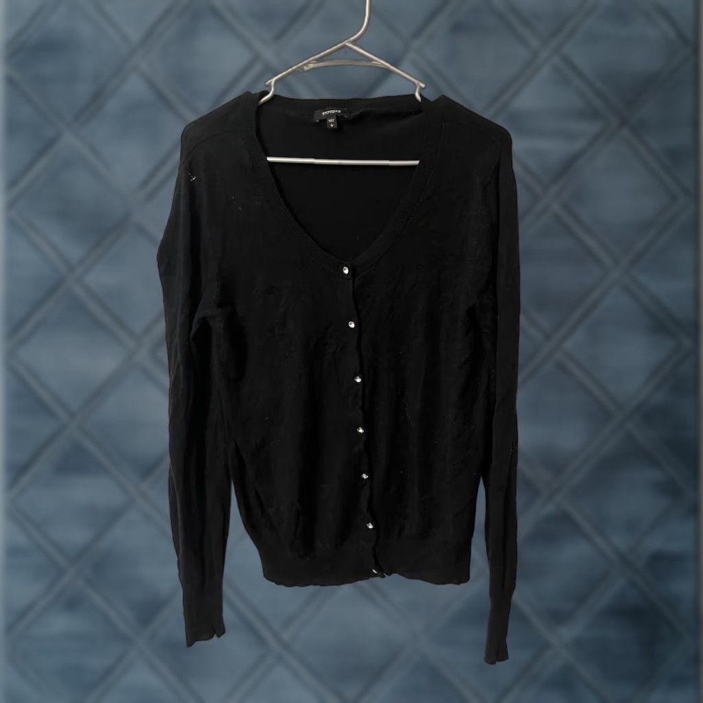 Express VINTAGE Express Cardigan Shirt Womens L Black All Seasons Button Down V-Neck Cap Sleeve Short Sleeve Lightweight Breathable Wool Free Size L / US 10 / IT 46 - 1 Thumbnail