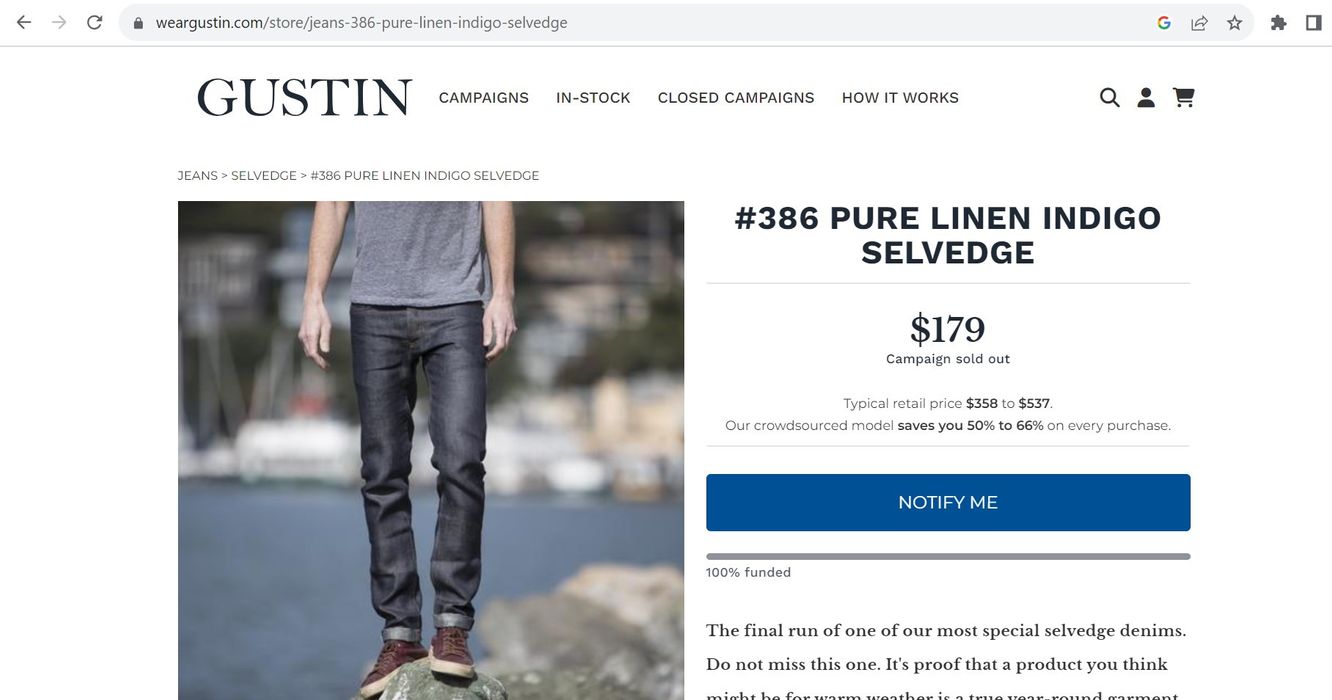 Gustin Gustin 100% Linen Selvedge Denim Jeans