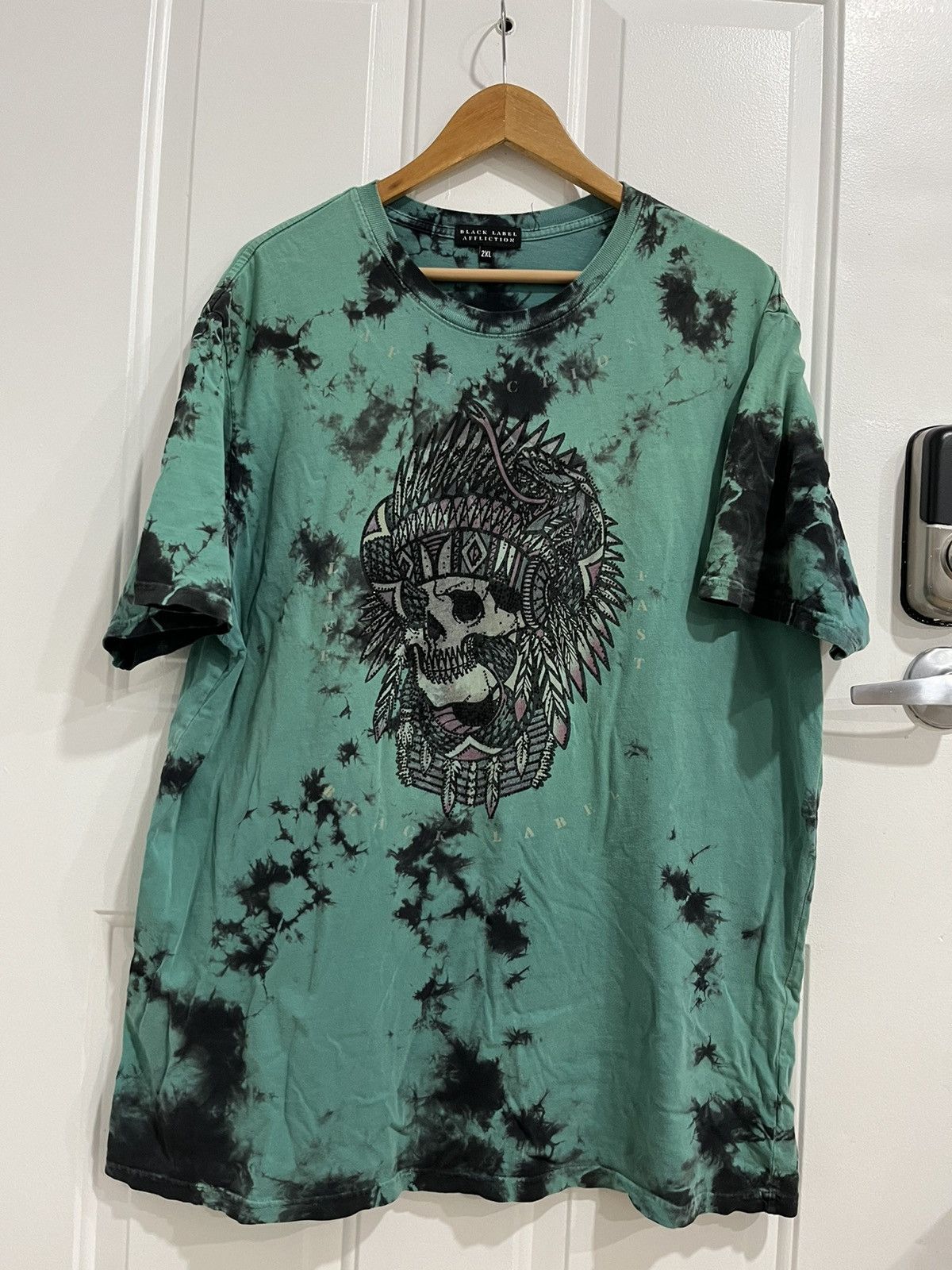 image of Y2K Affliction Grunge Punk Native American Skull Shirt 2Xl in Aqua Blue, Men's