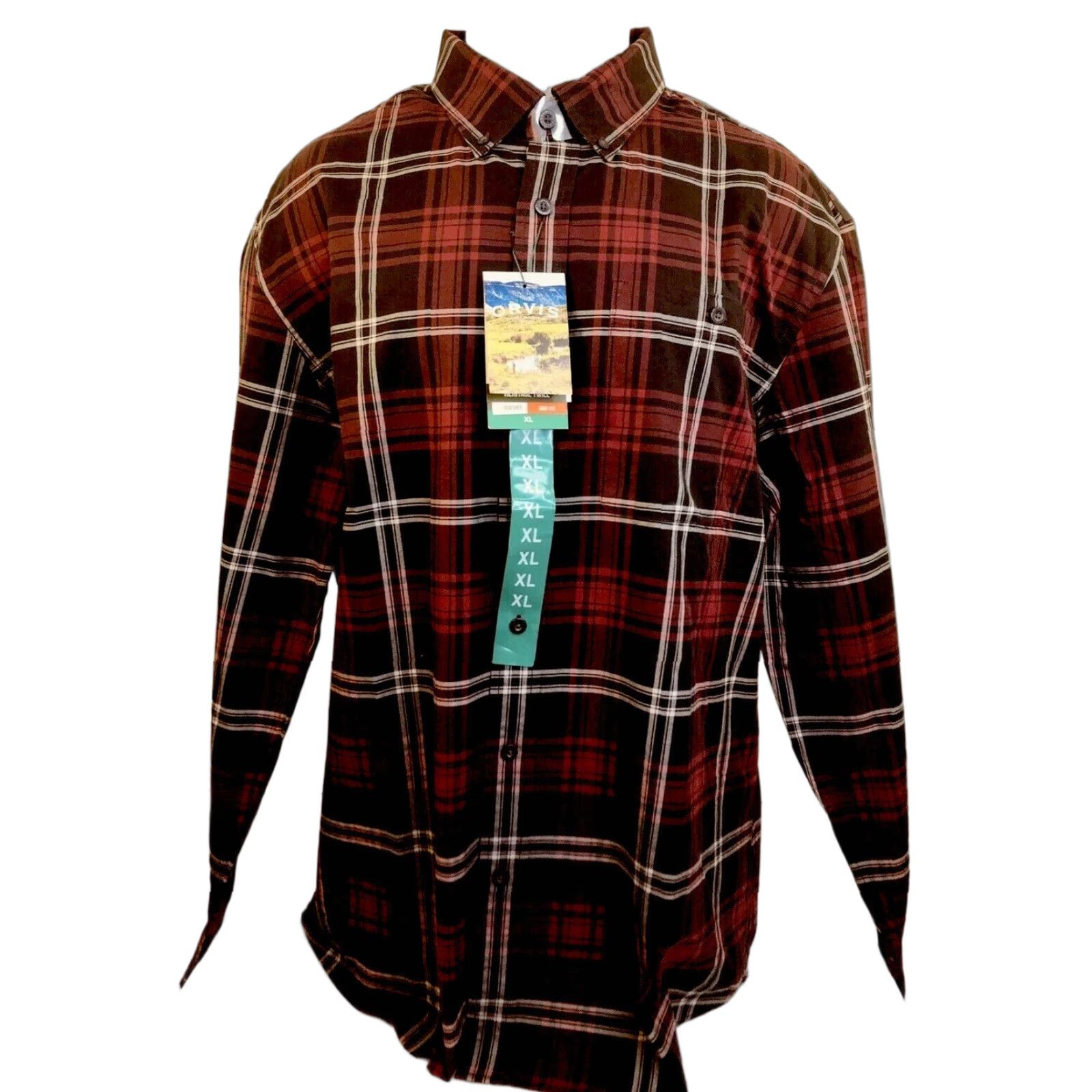 Orvis Orvis Shirt Mens XL Twill Plaid Red/Black/White FLY FISHING Button-Up Long Sleeve Tic Plaid Pattern Wood Patterned Plaid Fish Theme Size US XL / EU 56 / 4 - 1 Thumbnail