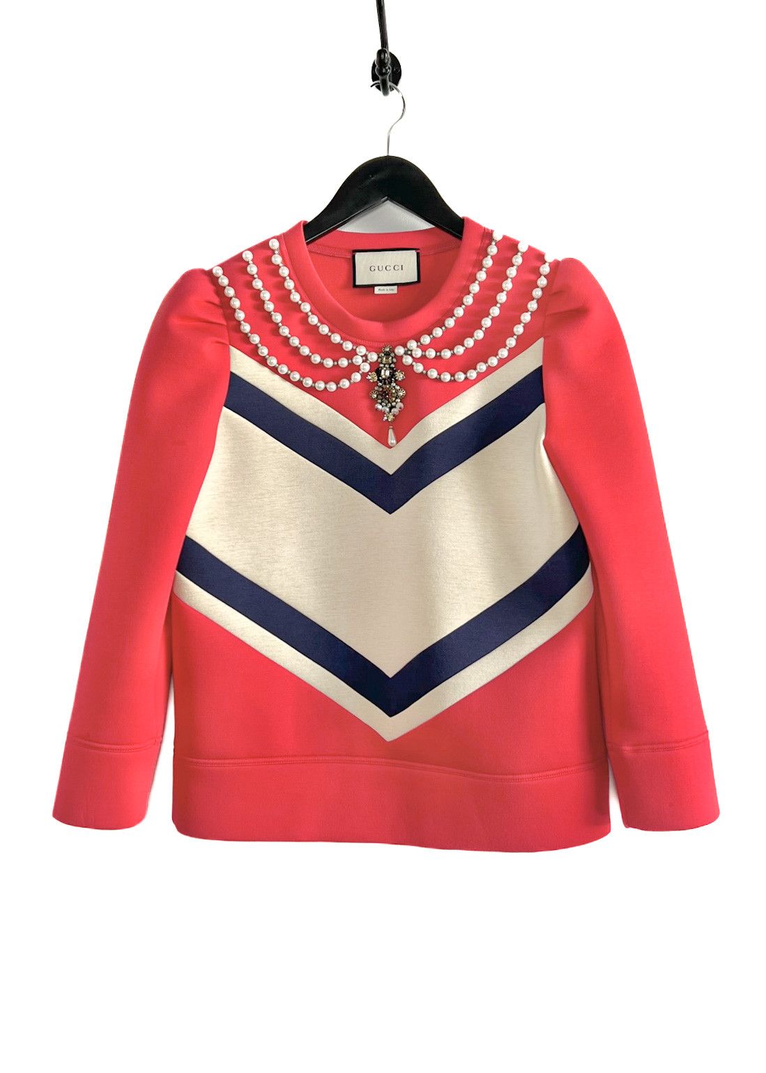 Gucci Gucci Red Neoprene Striped Pearl Embellished Sweatshirt Size XS / US 0-2 / IT 36-38 - 1 Thumbnail