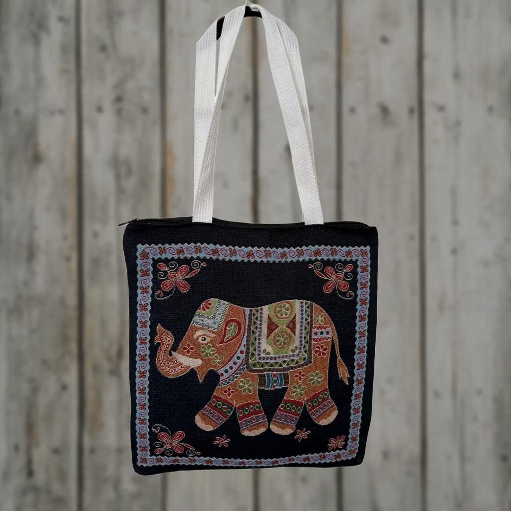 Vintage Independent 14" x 14.5" Black / Navy Embroidered Thai Elephant Zip Bag Shoulder Bag Women White Handles Size ONE SIZE - 1 Thumbnail