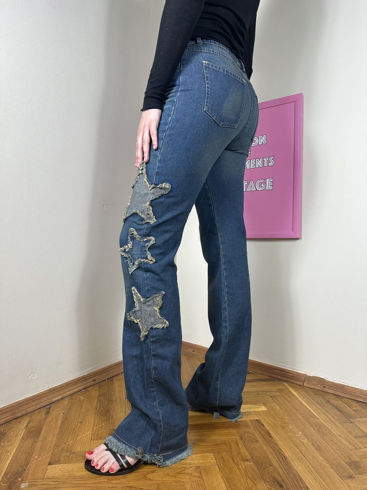 Vintage Parisport Y2k Vintage Distressed Star Straight Flared Jeans Size 28" / US 6 / IT 42 - 1 Thumbnail