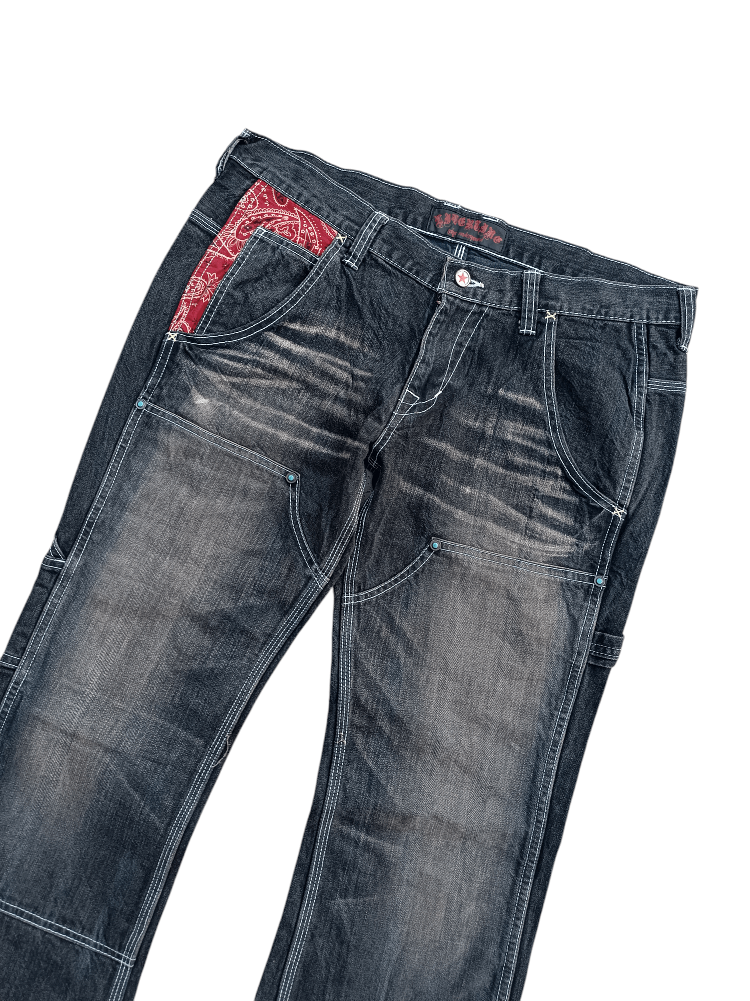 Japanese Brand RARE💥JAPANESE BRAND DENIM FLARE DISTRESED EMBROIDERY JEANS Size US 29 - 21 Thumbnail