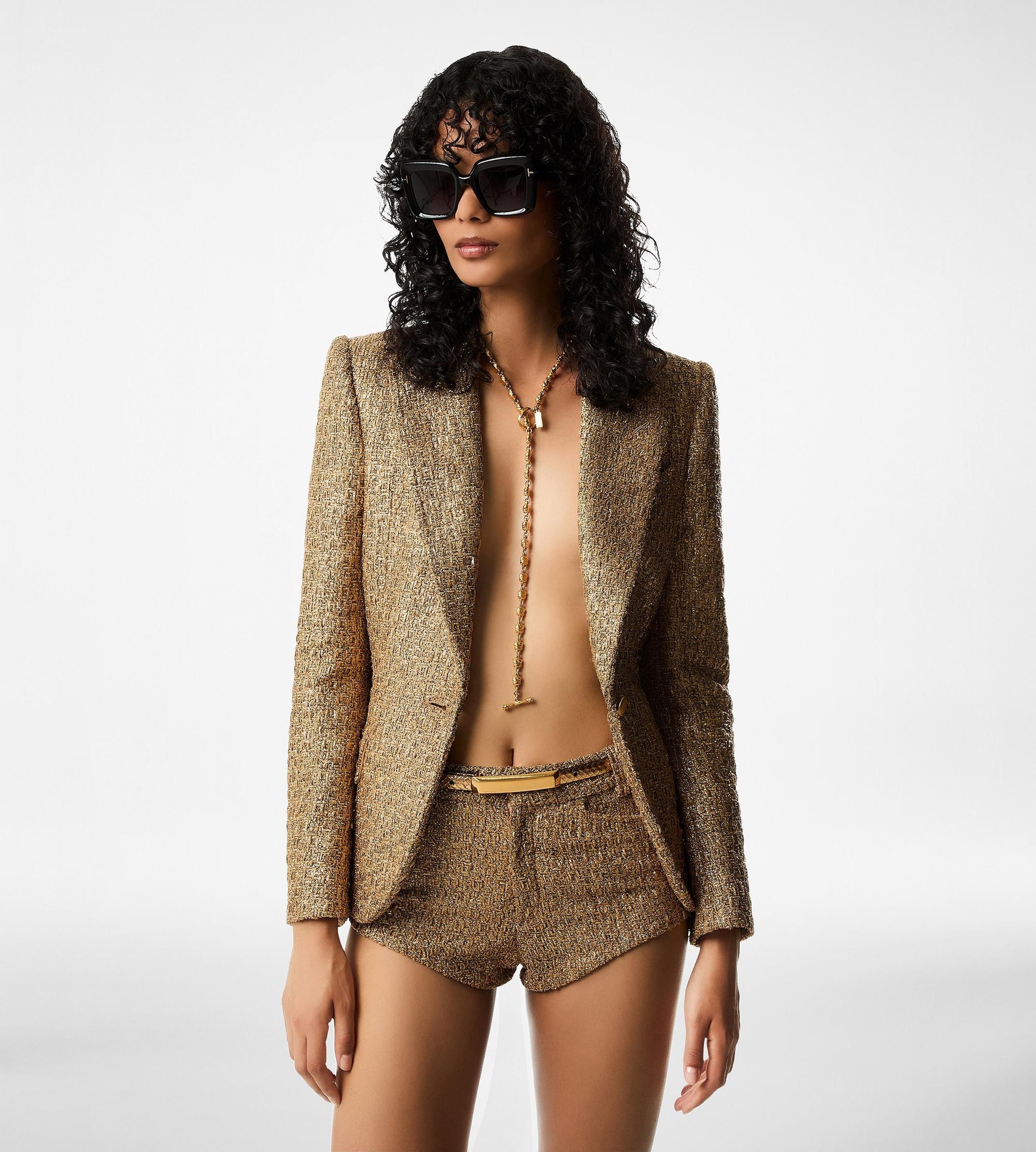 Tom Ford o1w1db10525 GI2974 Metallic Tweed Blazer in Gold Size XS / US 0-2 / IT 36-38 - 2 Thumbnail