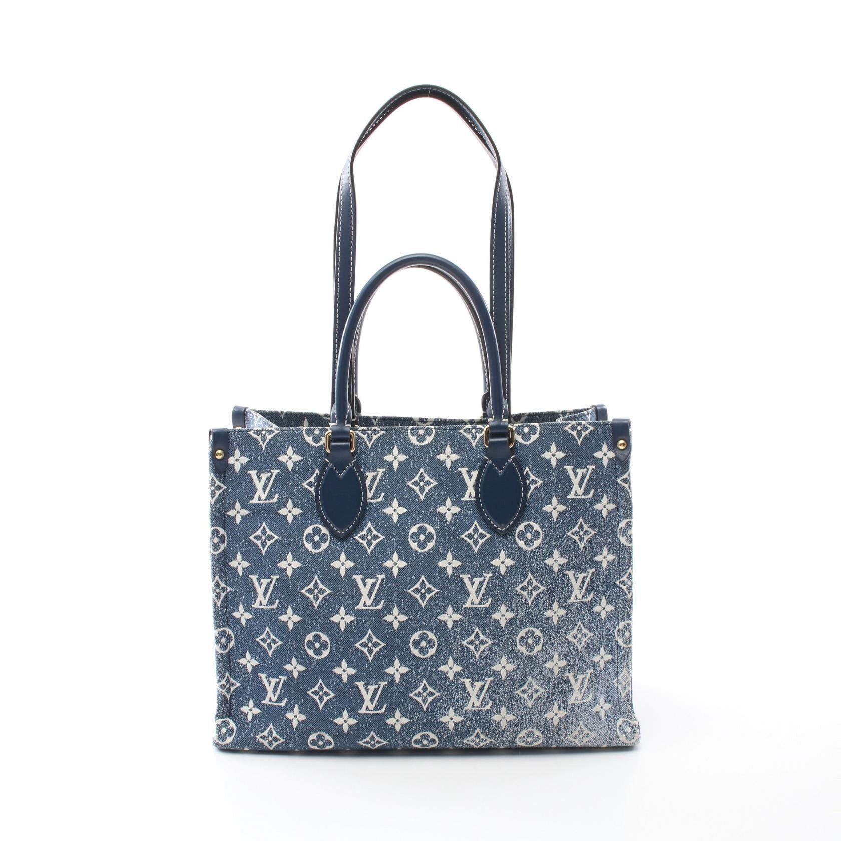 Louis Vuitton Louis Vuitton On-The-Go Mm Monogram Jacquard Denim Shoulder Bag Tote Leather Blue White Navy Size ONE SIZE - 1 Thumbnail