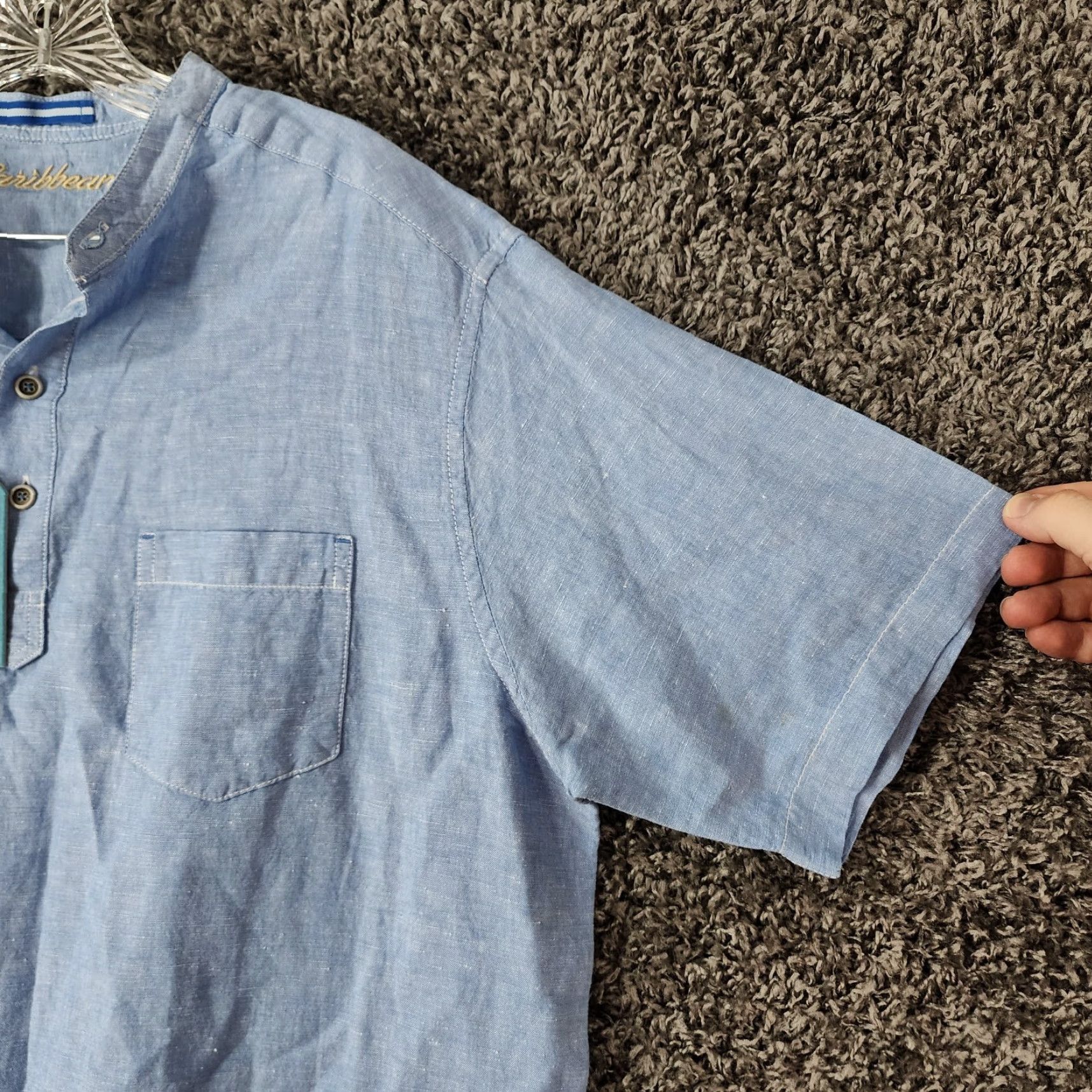 Vintage CARIBBEAN Polo Shirt Men L Short Sleeve Collarless Blue - blue shirt 90s? (adjust?) Size US L / EU 52-54 / 3 - 2 Thumbnail