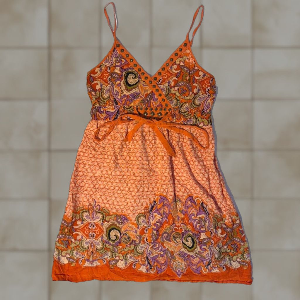 Vintage Magic Dress 1X Orange Paisley Sun Dress Studded Sphagetti Strap Front Tie Summer Size XL / US 12-14 / IT 48-50 - 1 Thumbnail