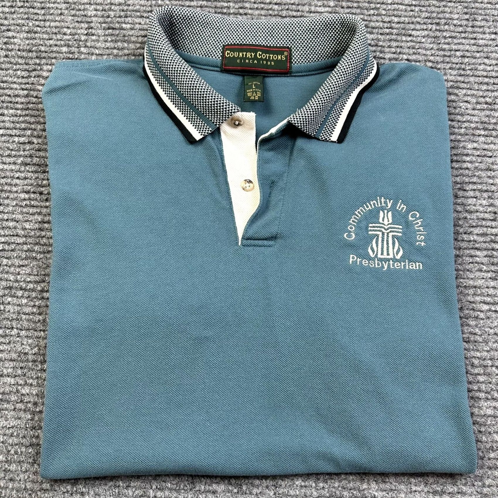 Vintage VINTAGE Country Cottons Polo Shirt Mens L Blue Embroidered 90s Community In Christ Presbyterian Church polo Size US L / EU 52-54 / 3 - 7 Thumbnail